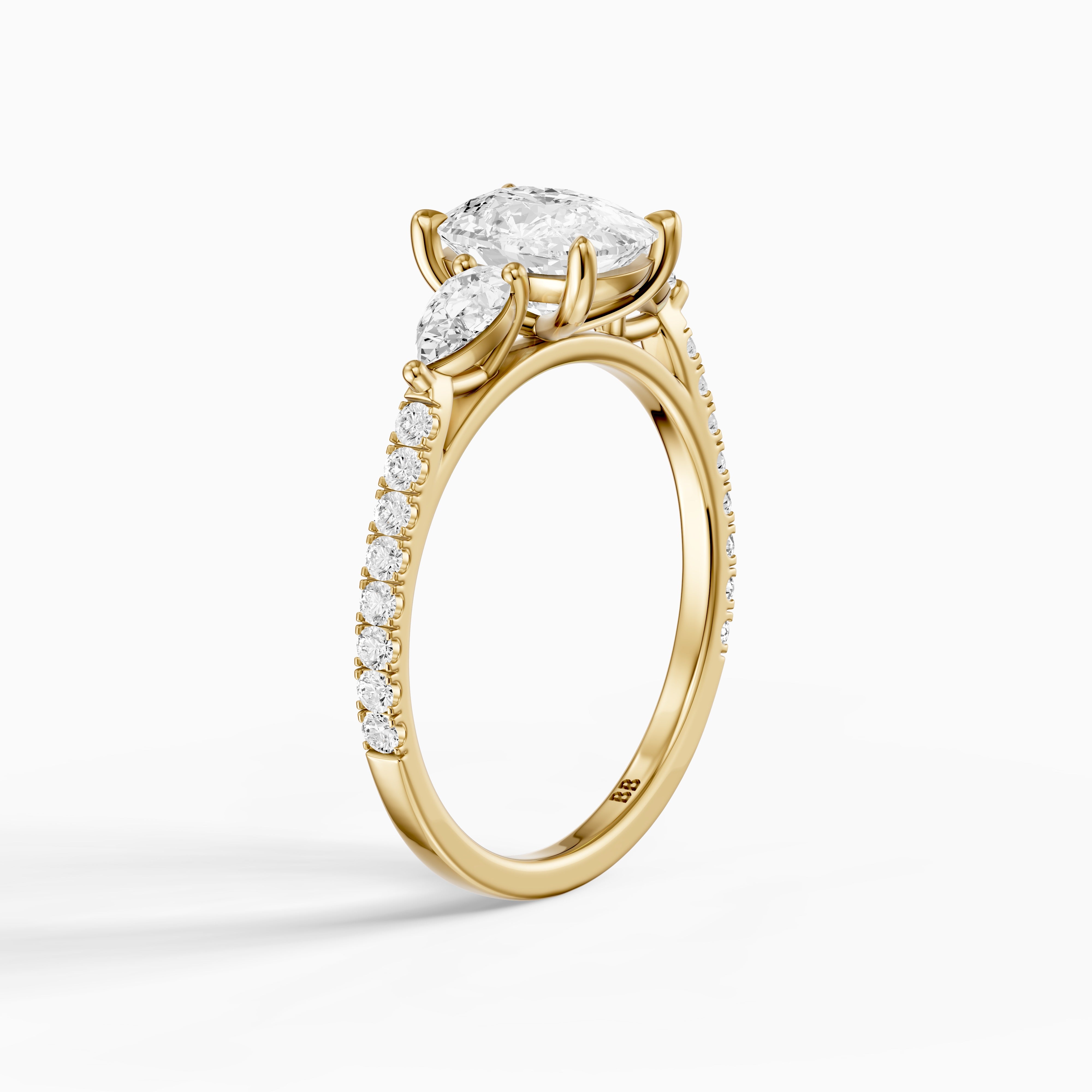 Miriah Three Stone Elongated Cushion Pave Lab Grown Diamond Ring with Pear Side Stones
