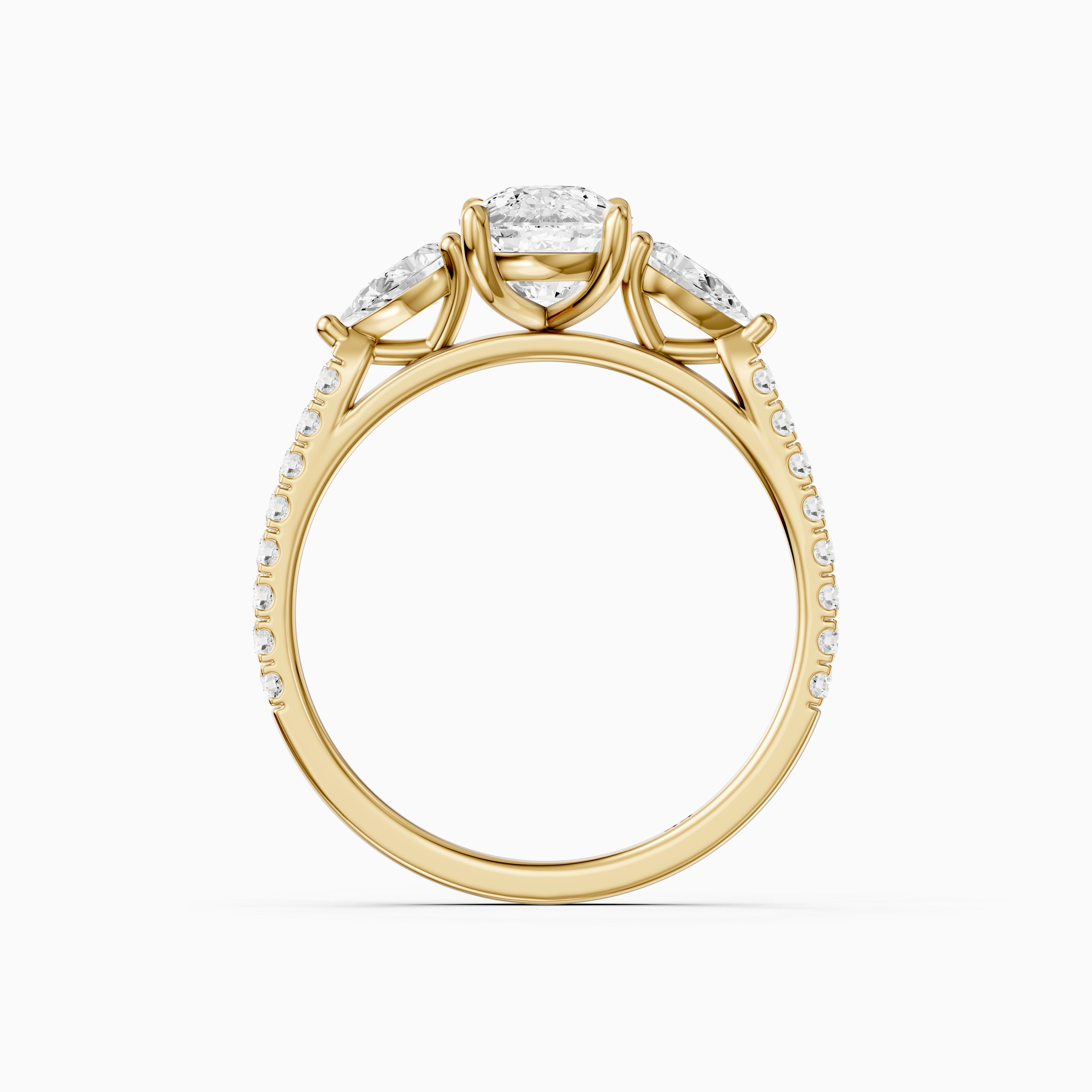 Miriah Three Stone Elongated Cushion Pave Moissanite Diamond Ring with Pear Side Stones