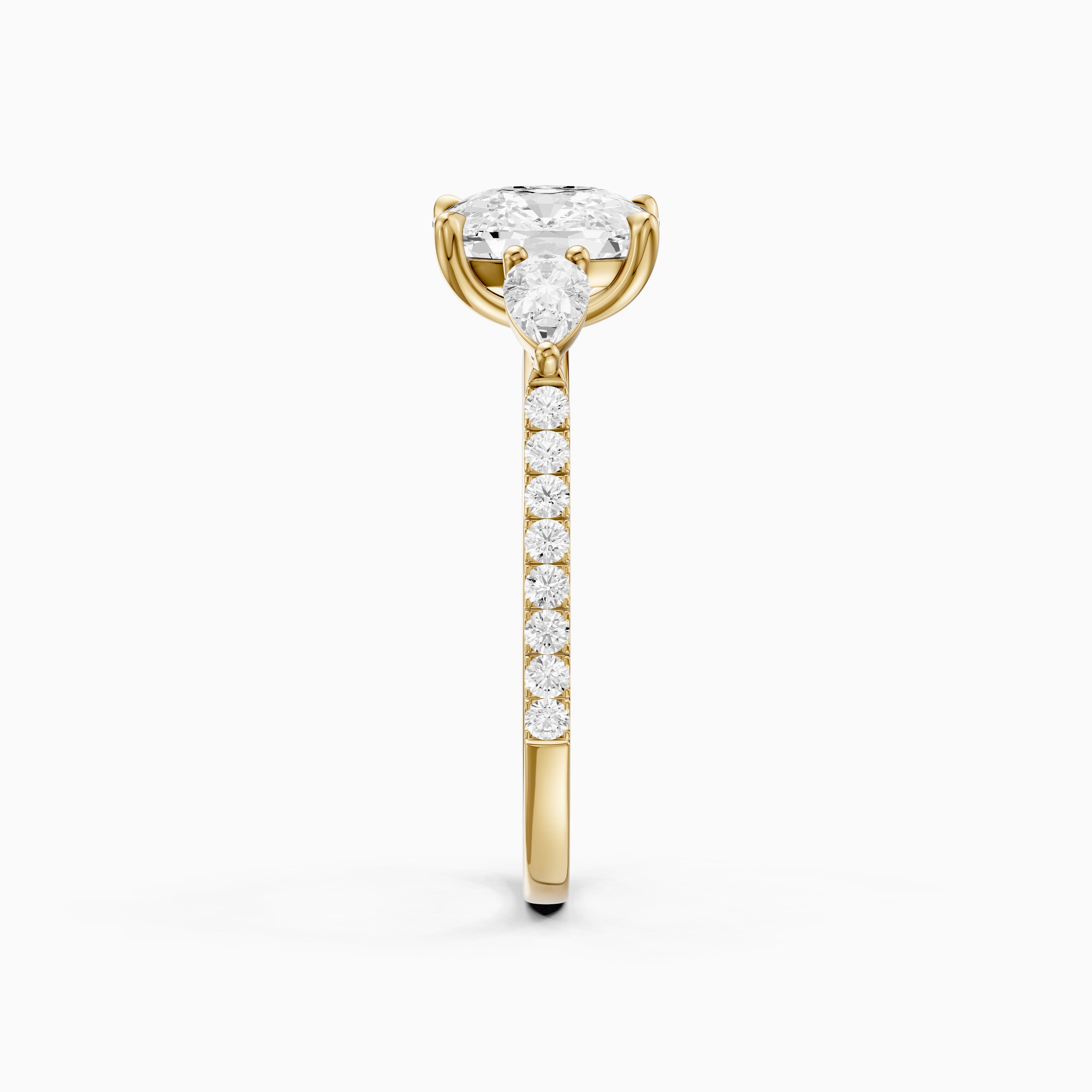 Miriah Three Stone Elongated Cushion Pave Moissanite Diamond Ring with Pear Side Stones