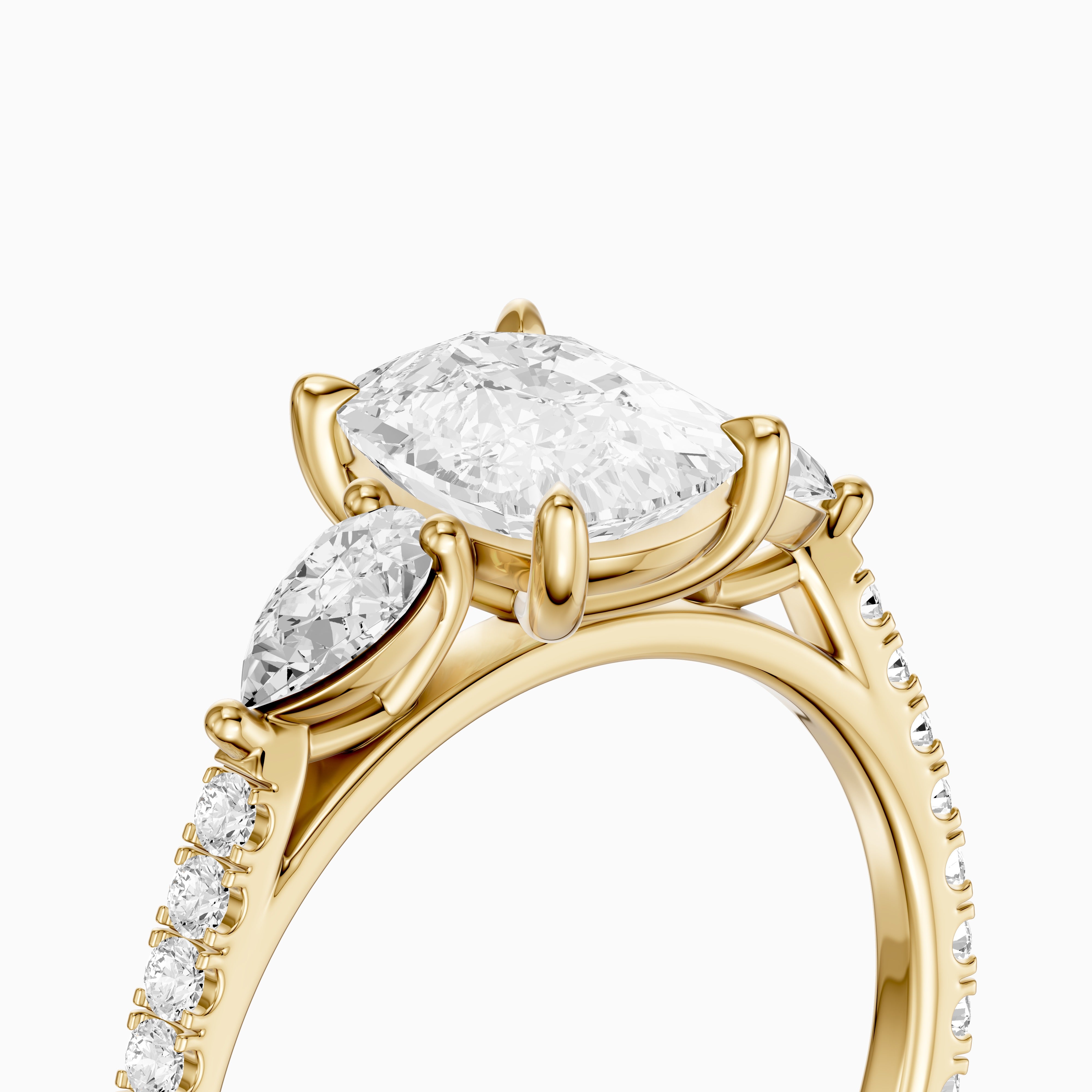Miriah Three Stone Elongated Cushion Pave Moissanite Diamond Ring with Pear Side Stones