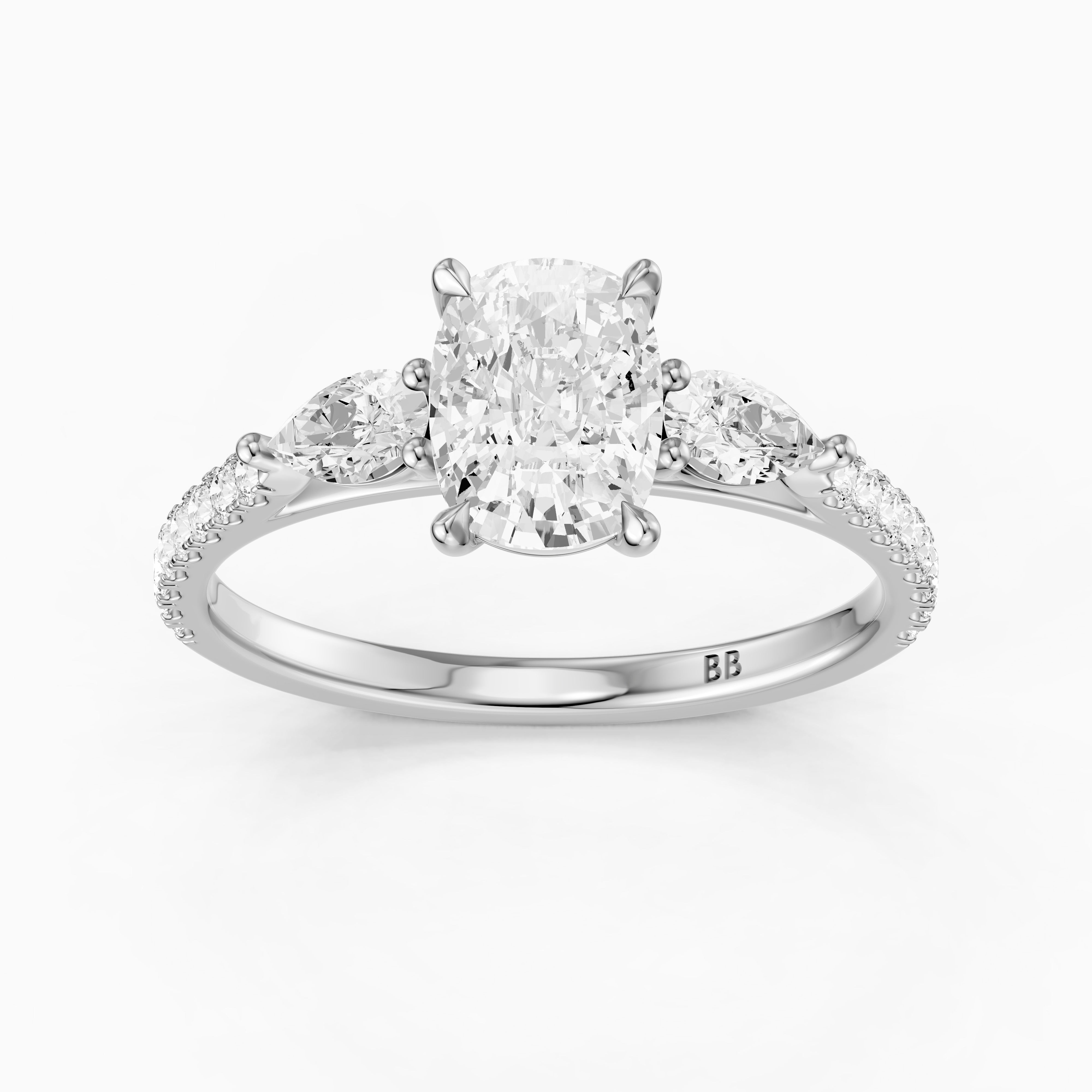 Miriah Three Stone Elongated Cushion Pave Moissanite Diamond Ring with Pear Side Stones