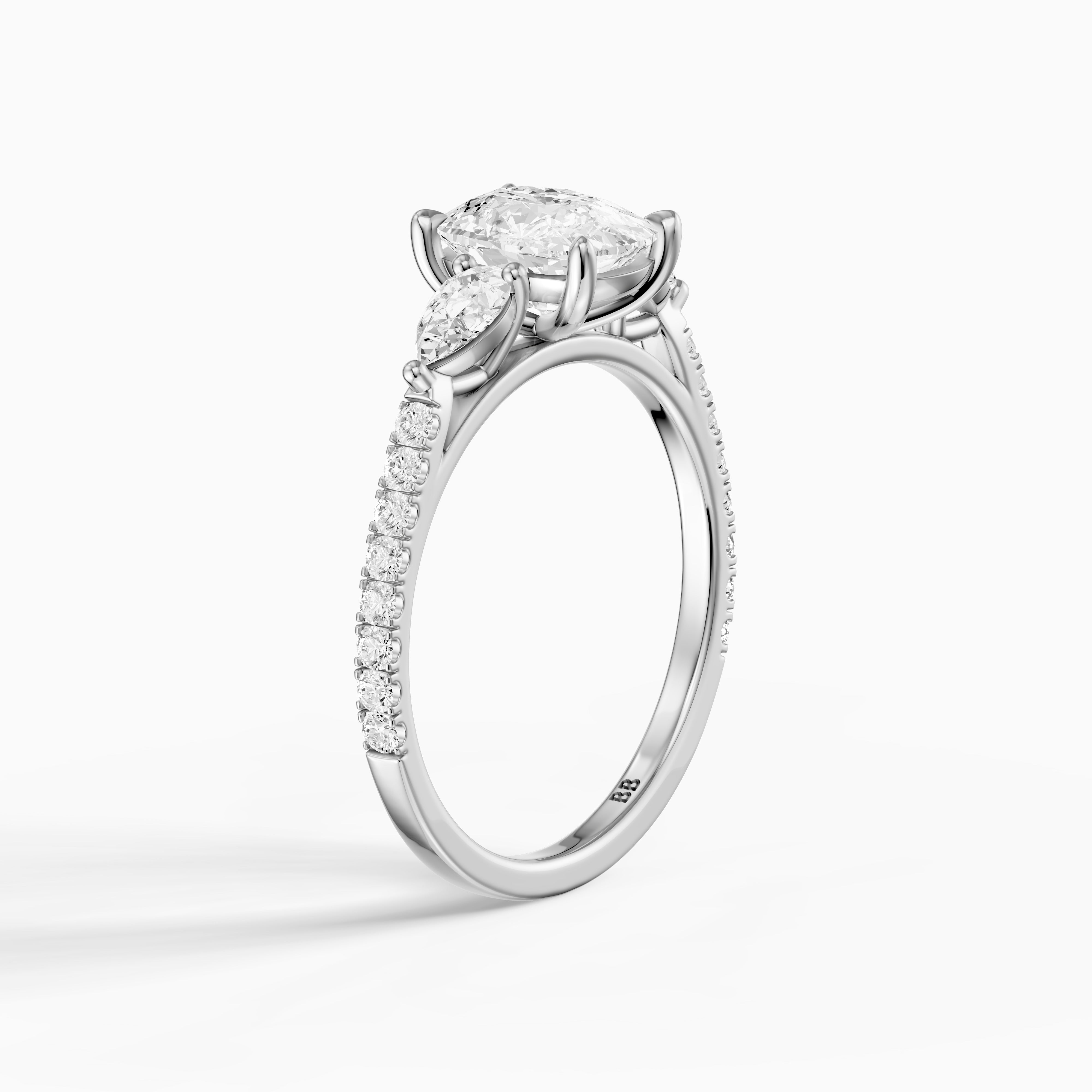 Miriah Three Stone Elongated Cushion Pave Moissanite Diamond Ring with Pear Side Stones