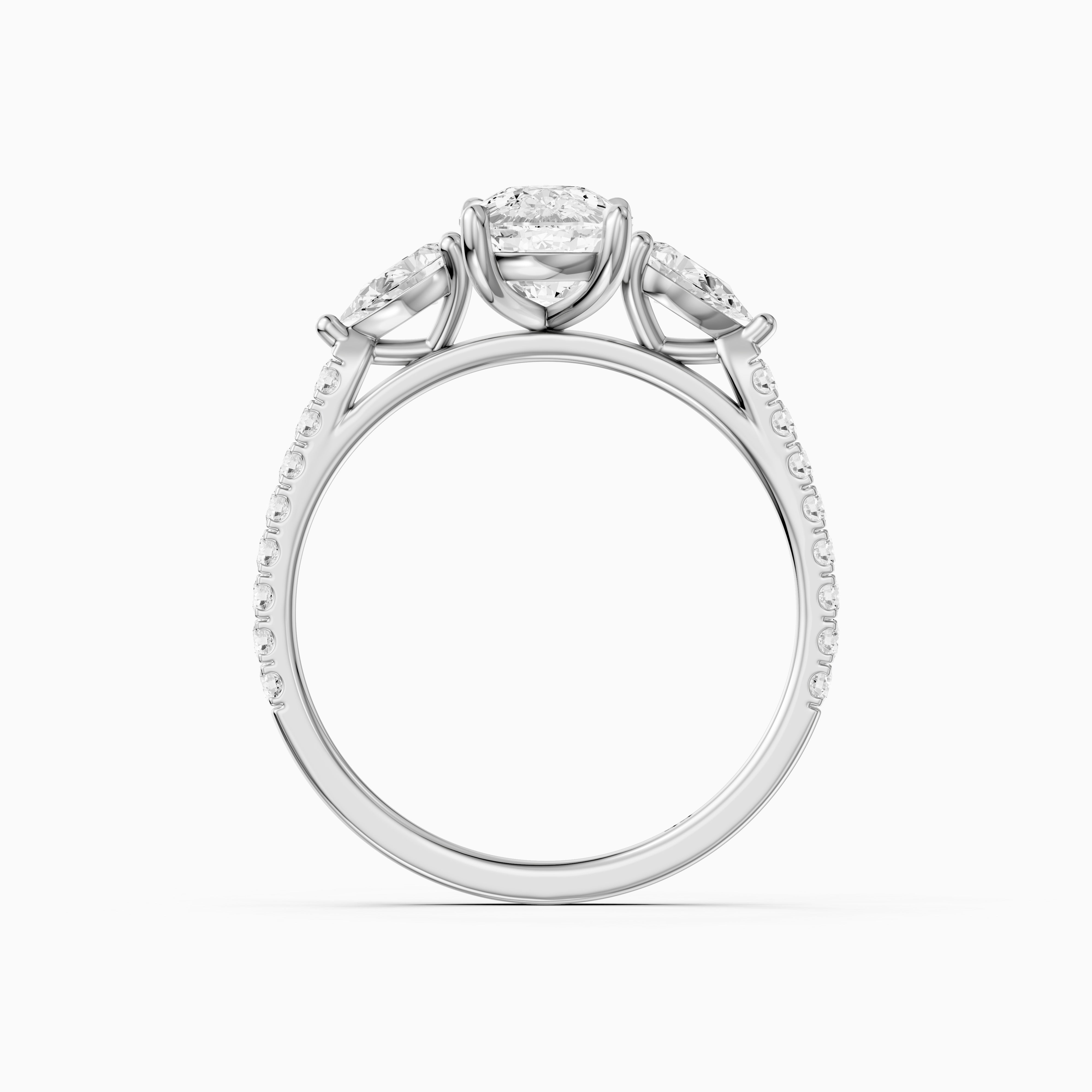Miriah Three Stone Elongated Cushion Pave Moissanite Diamond Ring with Pear Side Stones