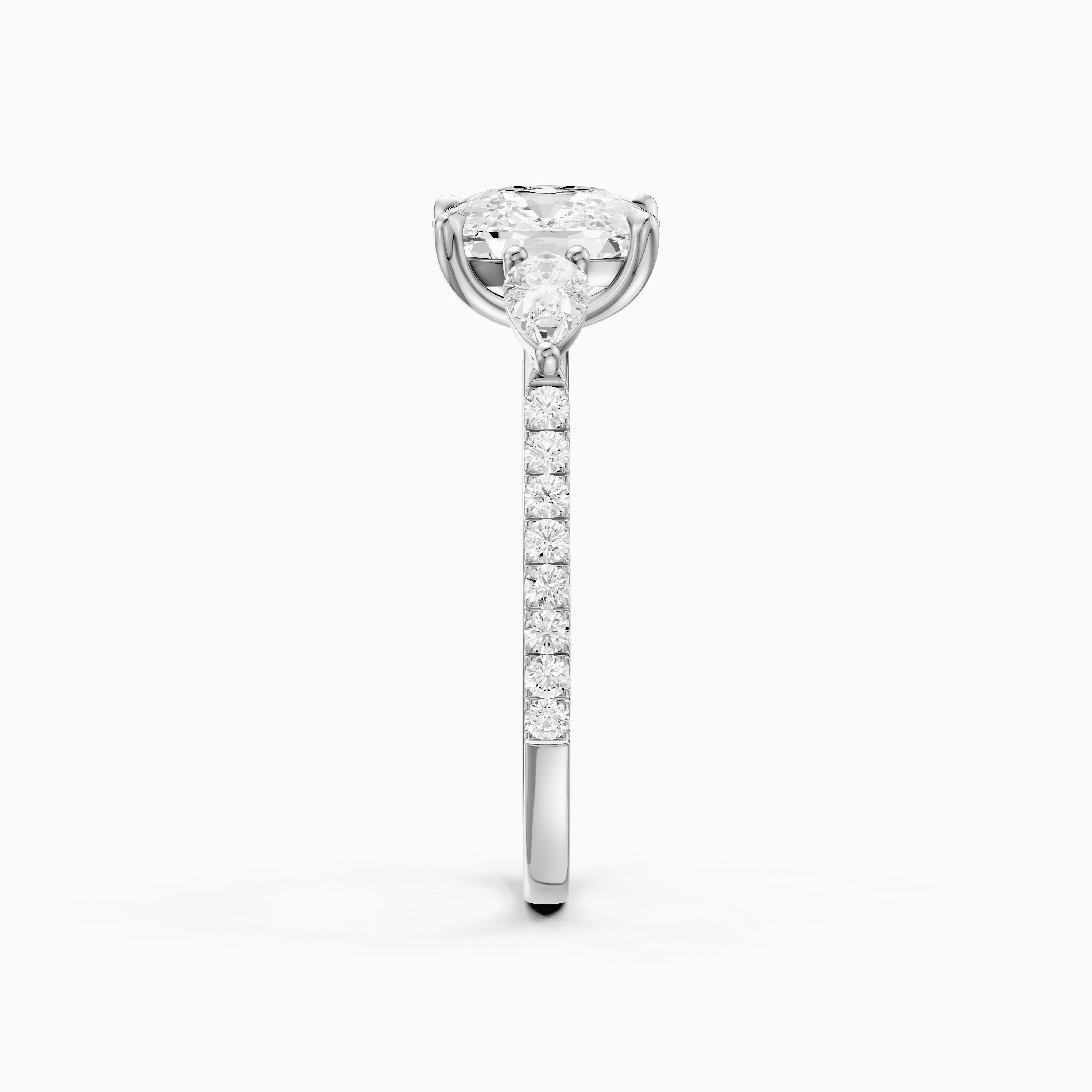 Miriah Three Stone Elongated Cushion Pave Moissanite Diamond Ring with Pear Side Stones