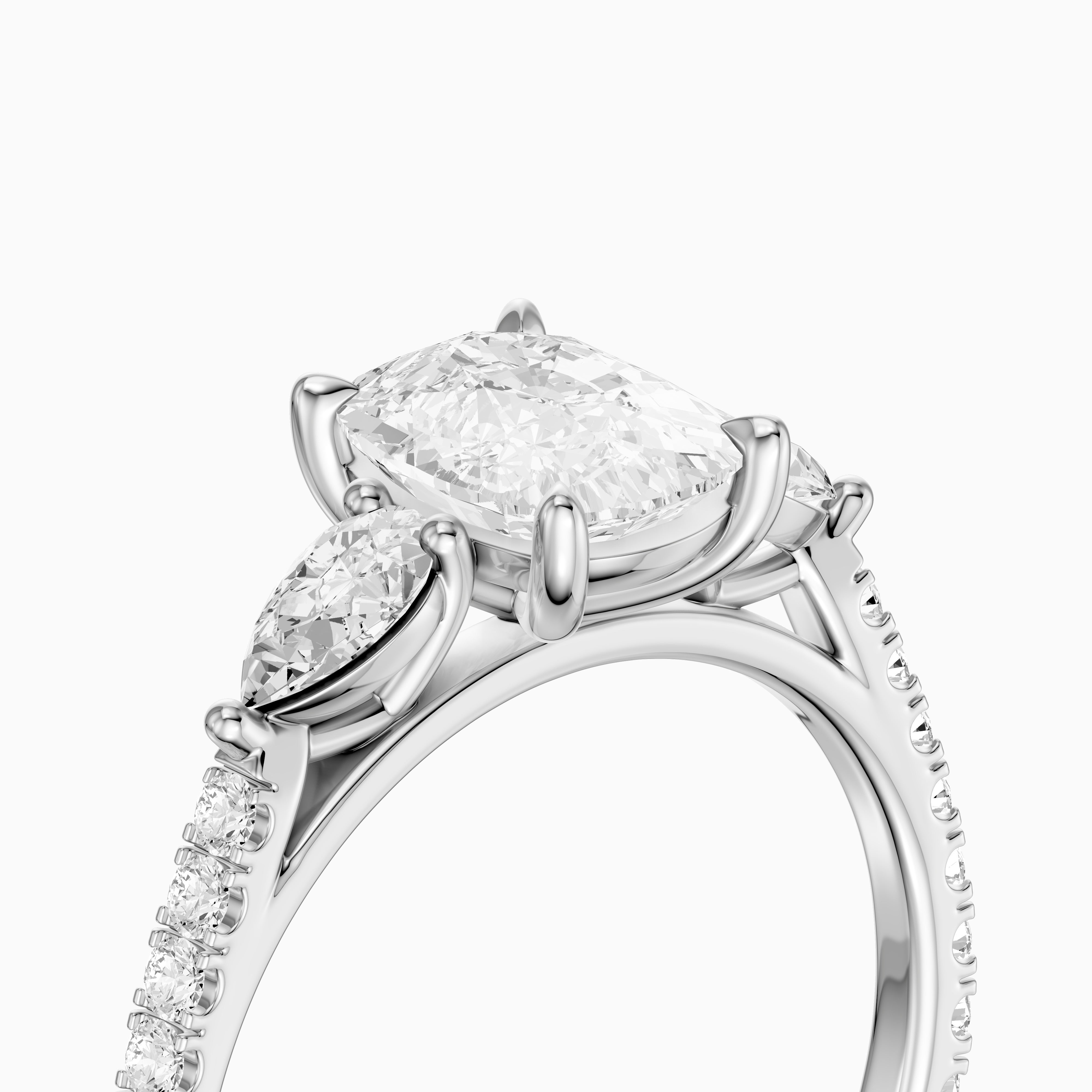 Miriah Three Stone Elongated Cushion Pave Moissanite Diamond Ring with Pear Side Stones