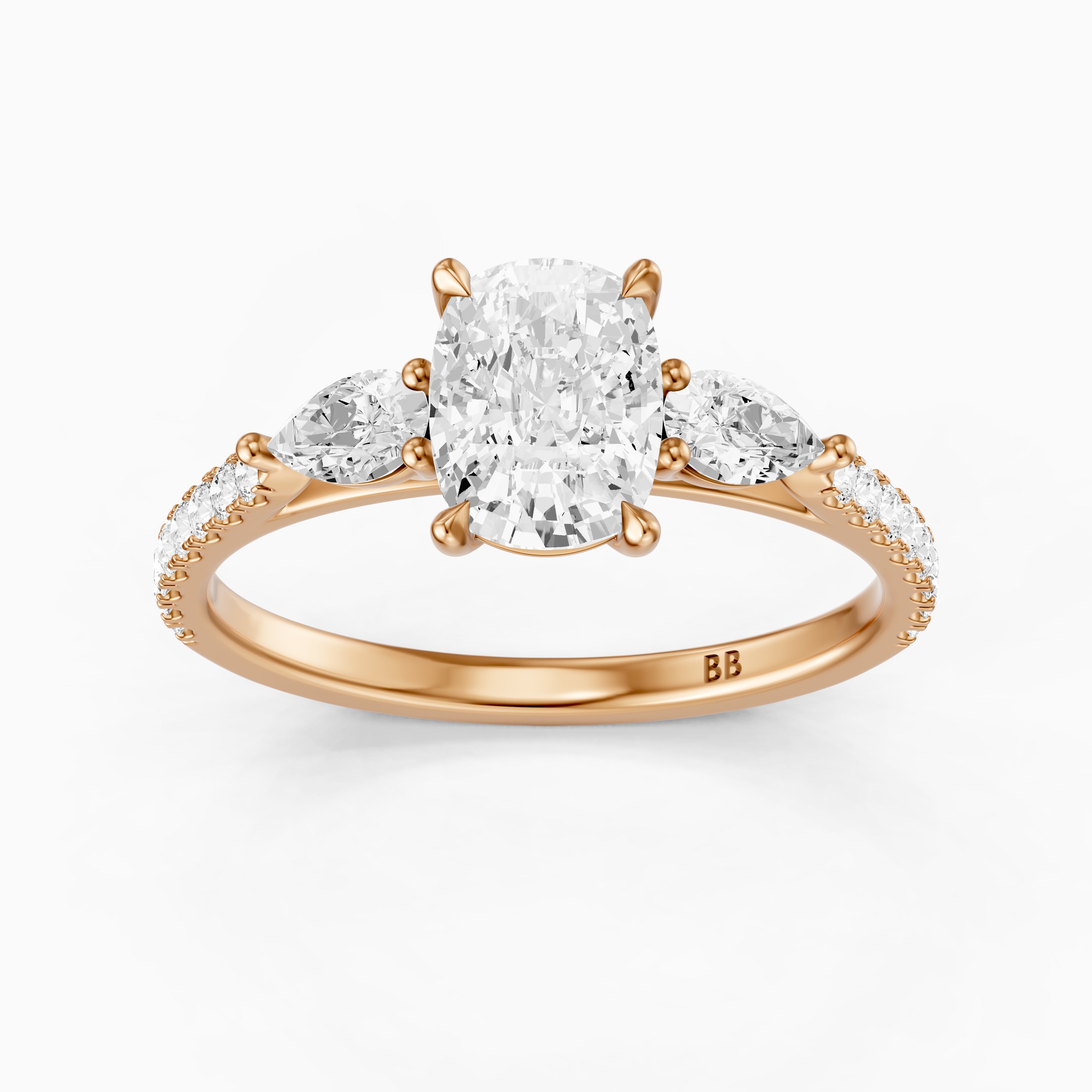 Miriah Three Stone Elongated Cushion Pave Moissanite Diamond Ring with Pear Side Stones