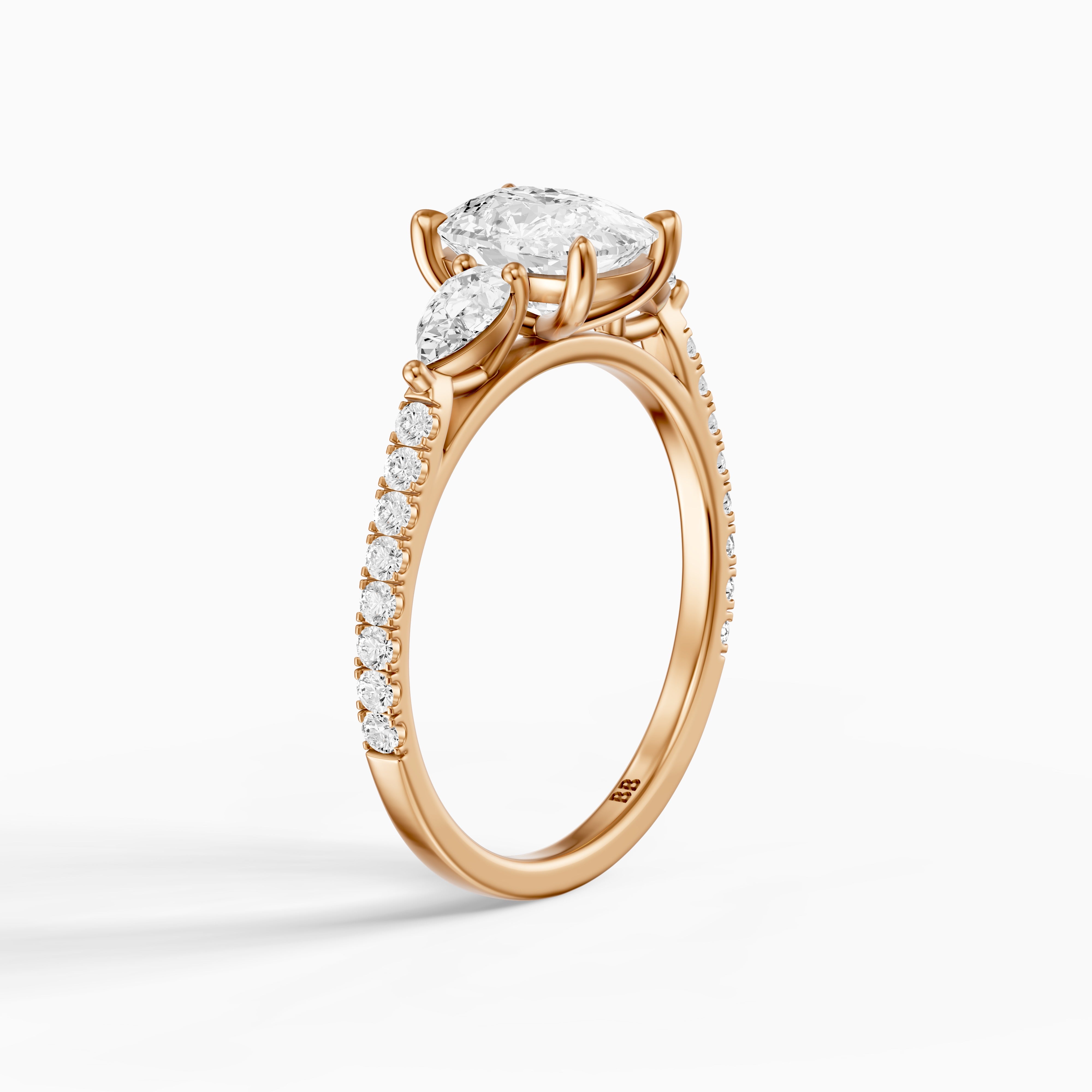 Miriah Three Stone Elongated Cushion Pave Moissanite Diamond Ring with Pear Side Stones
