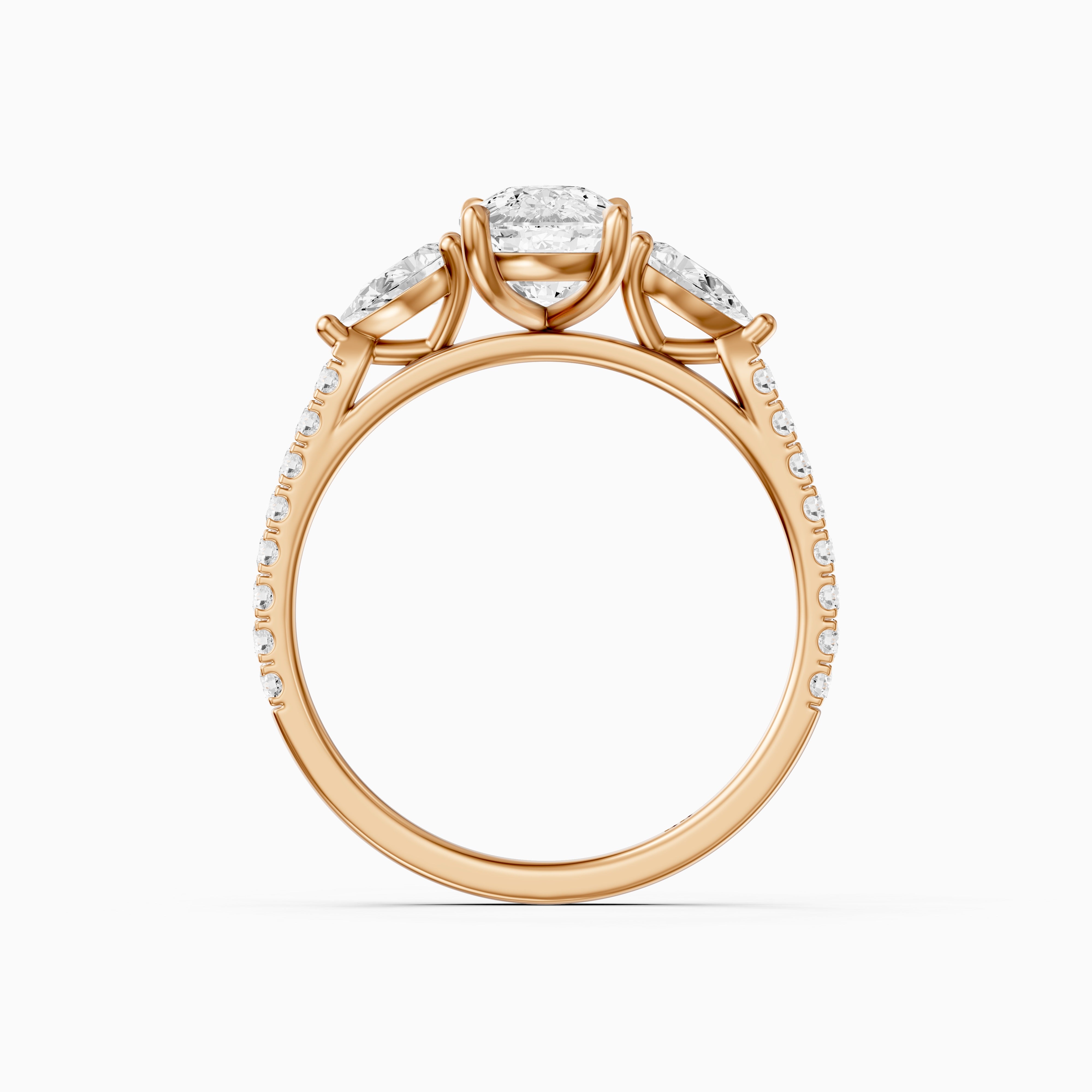 Miriah Three Stone Elongated Cushion Pave Moissanite Diamond Ring with Pear Side Stones