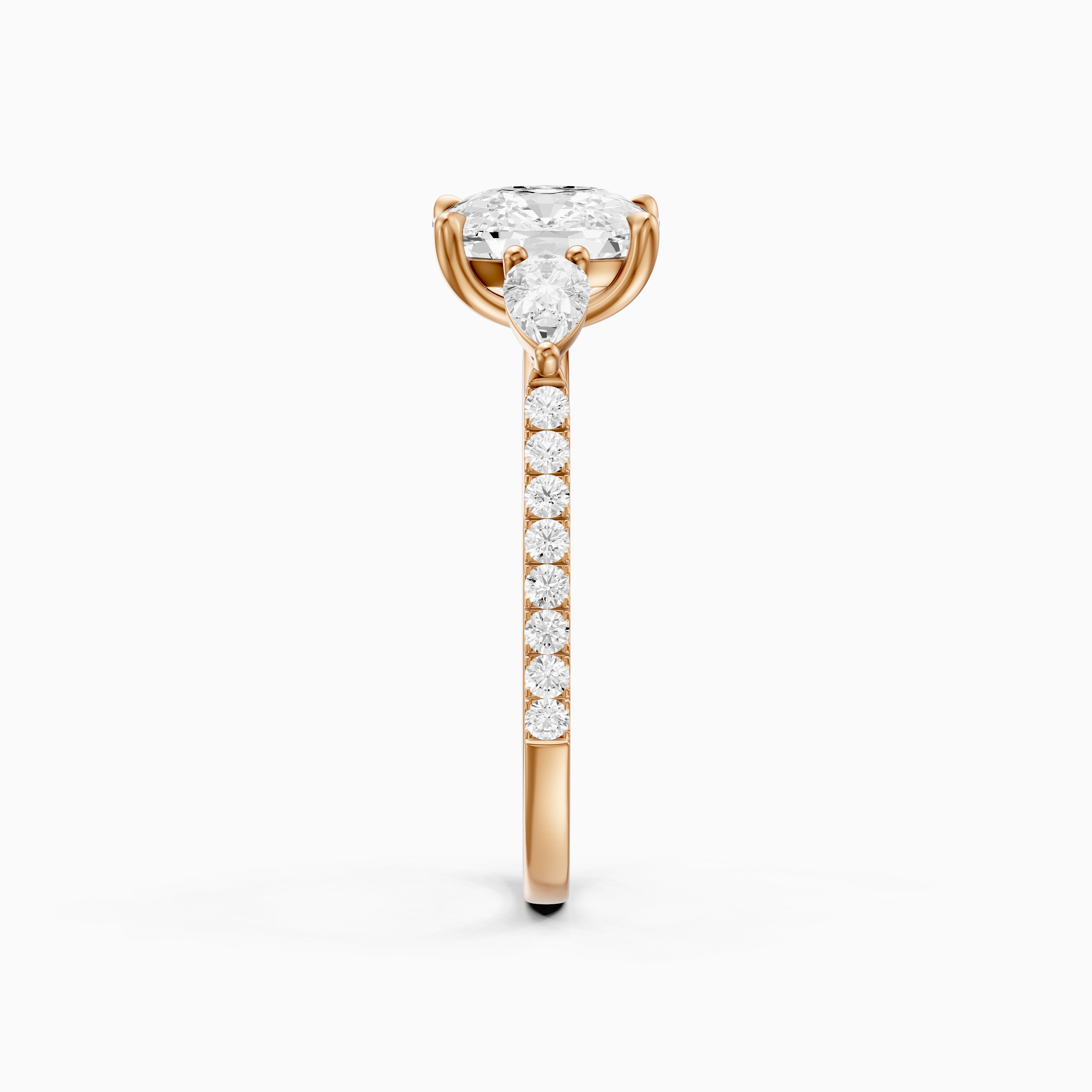 Miriah Three Stone Elongated Cushion Pave Moissanite Diamond Ring with Pear Side Stones
