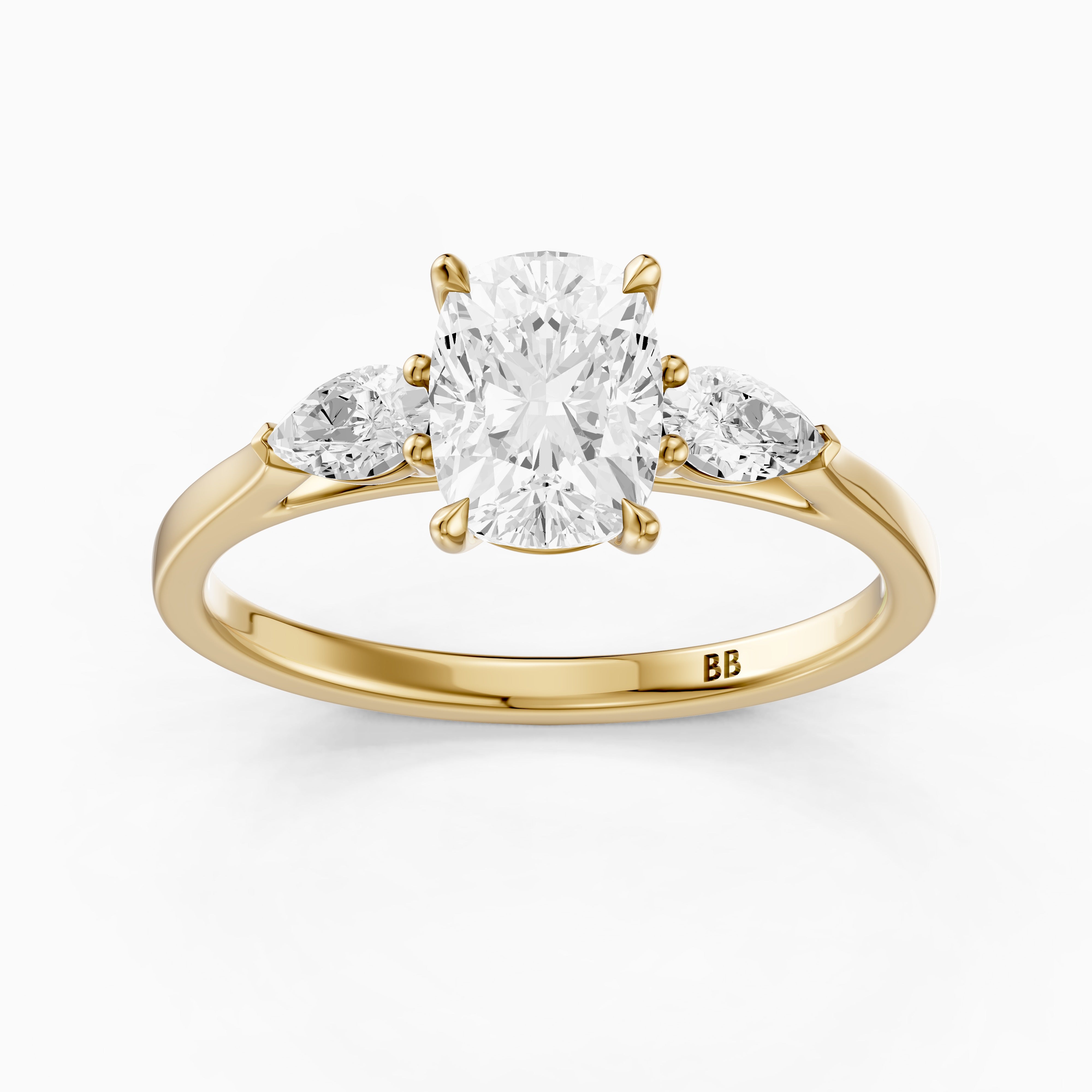 Nalani Three Stone Elongated Cushion Cut Lab Grown Diamond Ring with Pear Side Stones