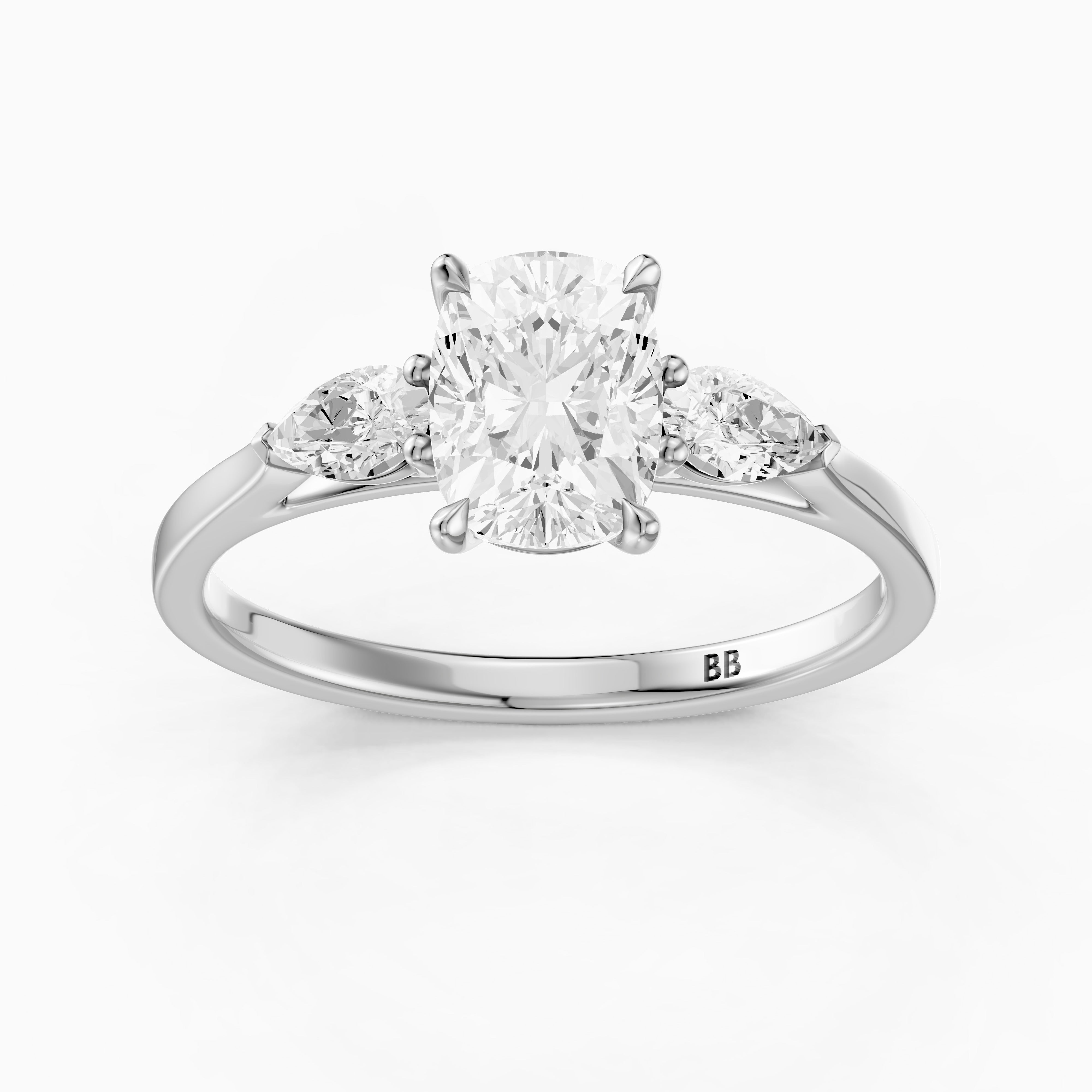 Nalani Three Stone Elongated Cushion Cut Moissanite Diamond Ring with Pear Side Stones