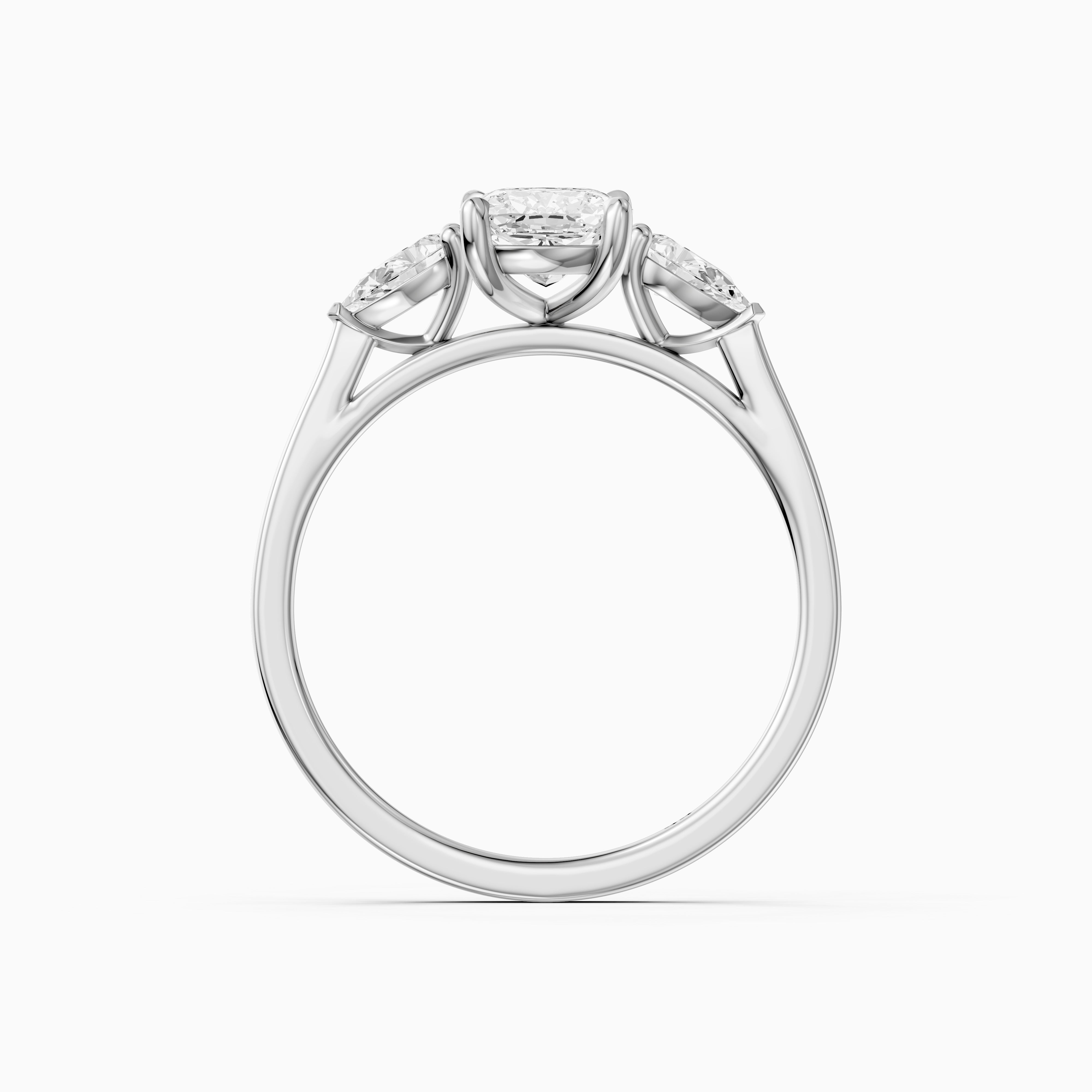 Nalani Three Stone Elongated Cushion Cut Moissanite Diamond Ring with Pear Side Stones