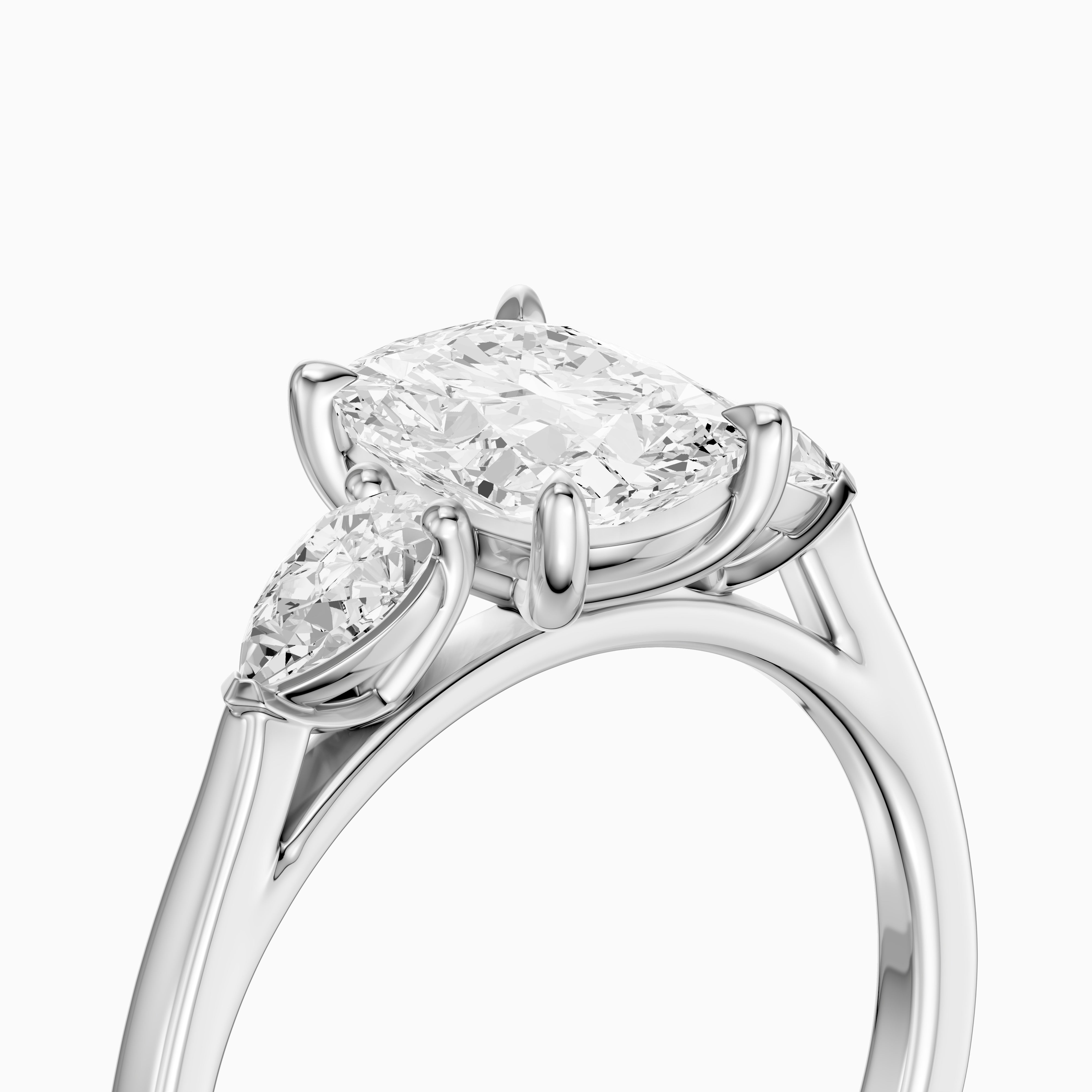 Nalani Three Stone Elongated Cushion Cut Moissanite Diamond Ring with Pear Side Stones