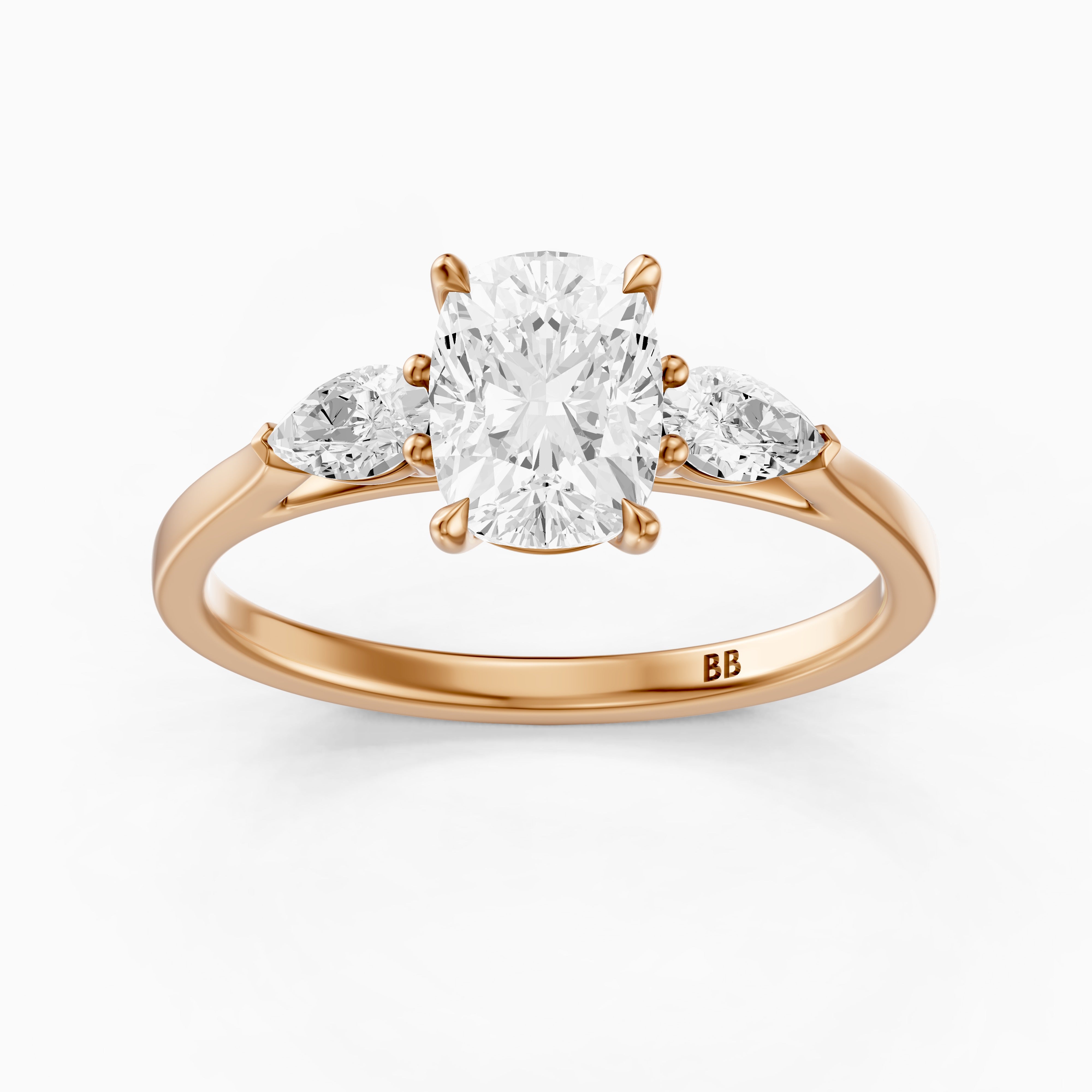 Nalani Three Stone Elongated Cushion Cut Moissanite Diamond Ring with Pear Side Stones