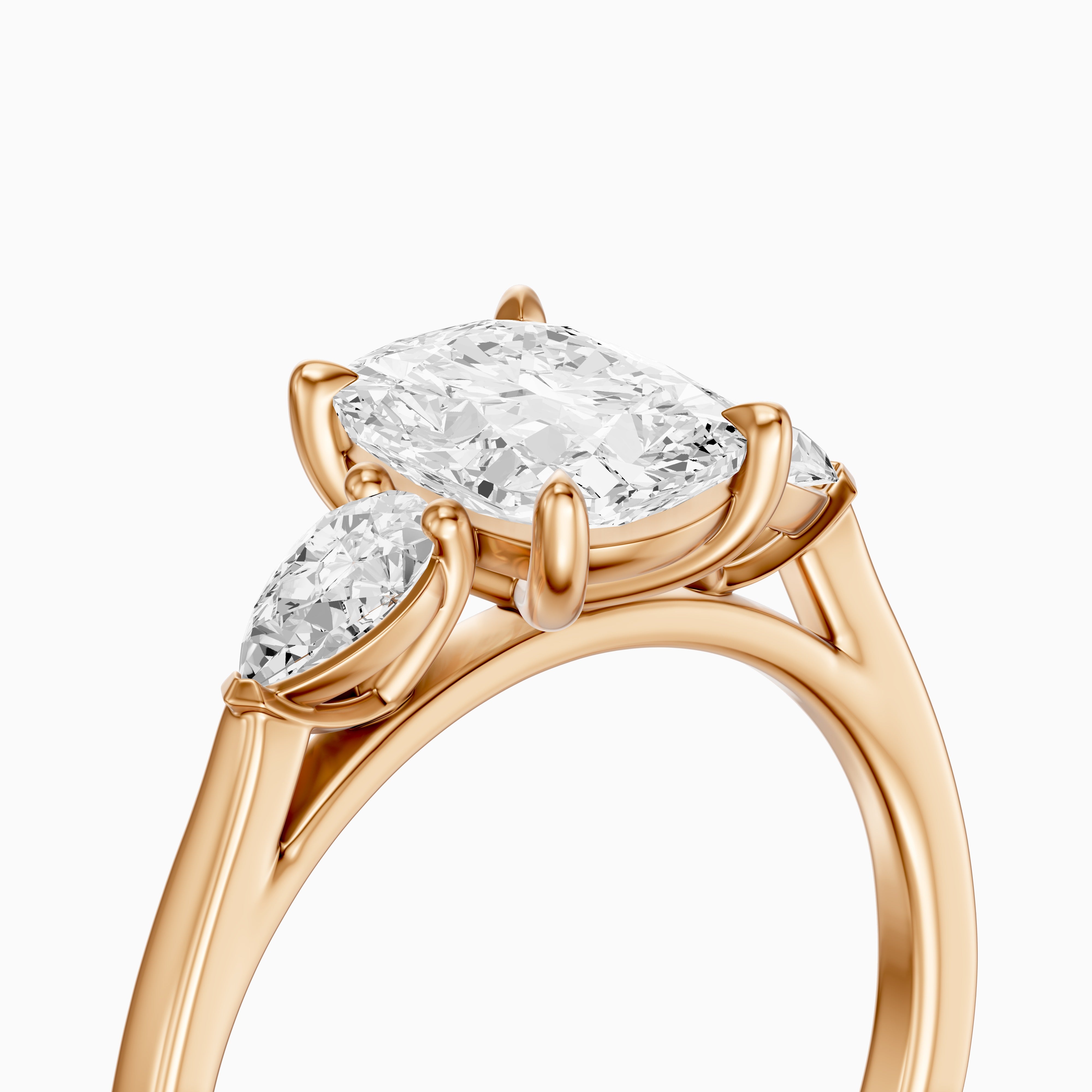 Nalani Three Stone Elongated Cushion Cut Moissanite Diamond Ring with Pear Side Stones