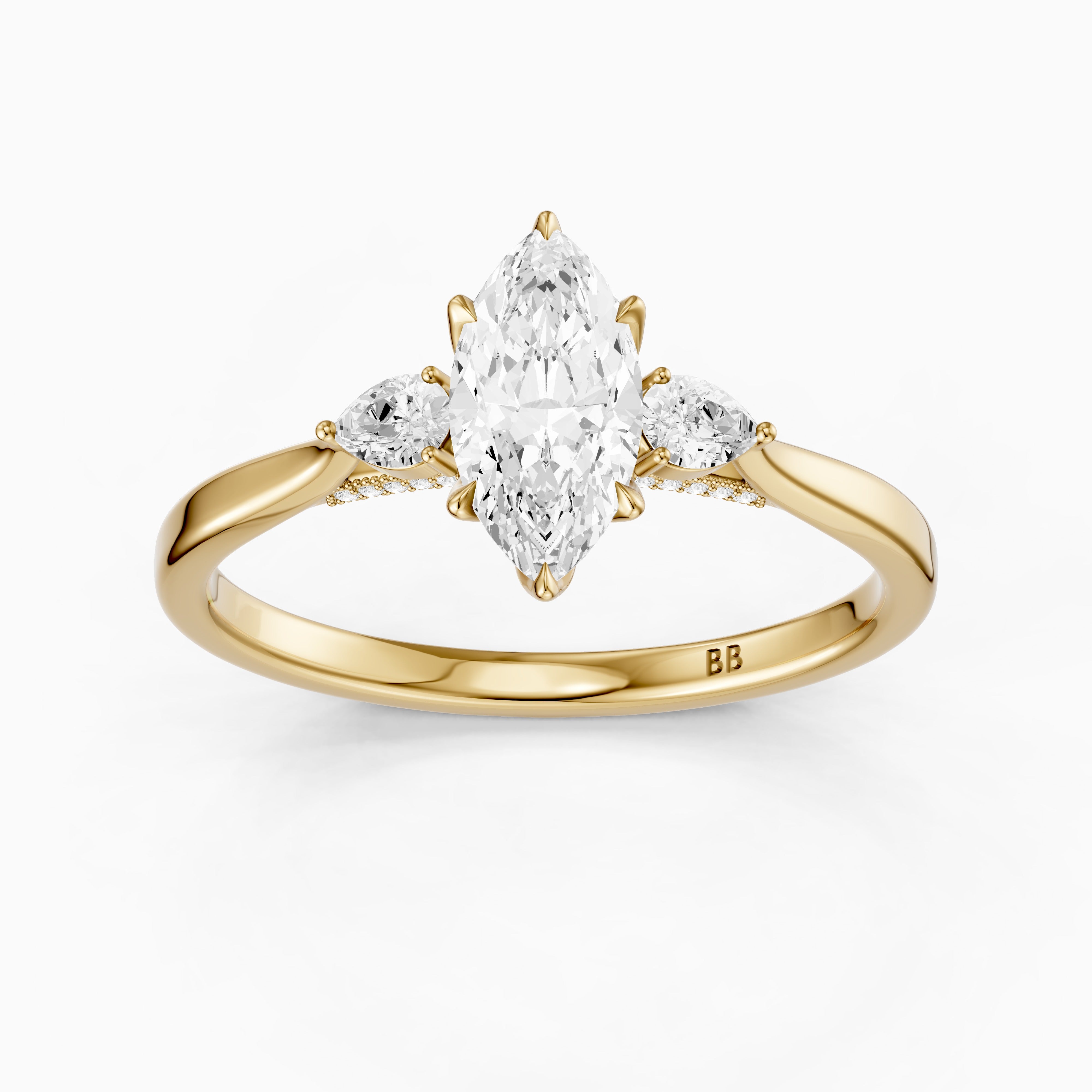 Hazel Marquise Three Stone Moissanite Ring in Tulip Cathedral Setting