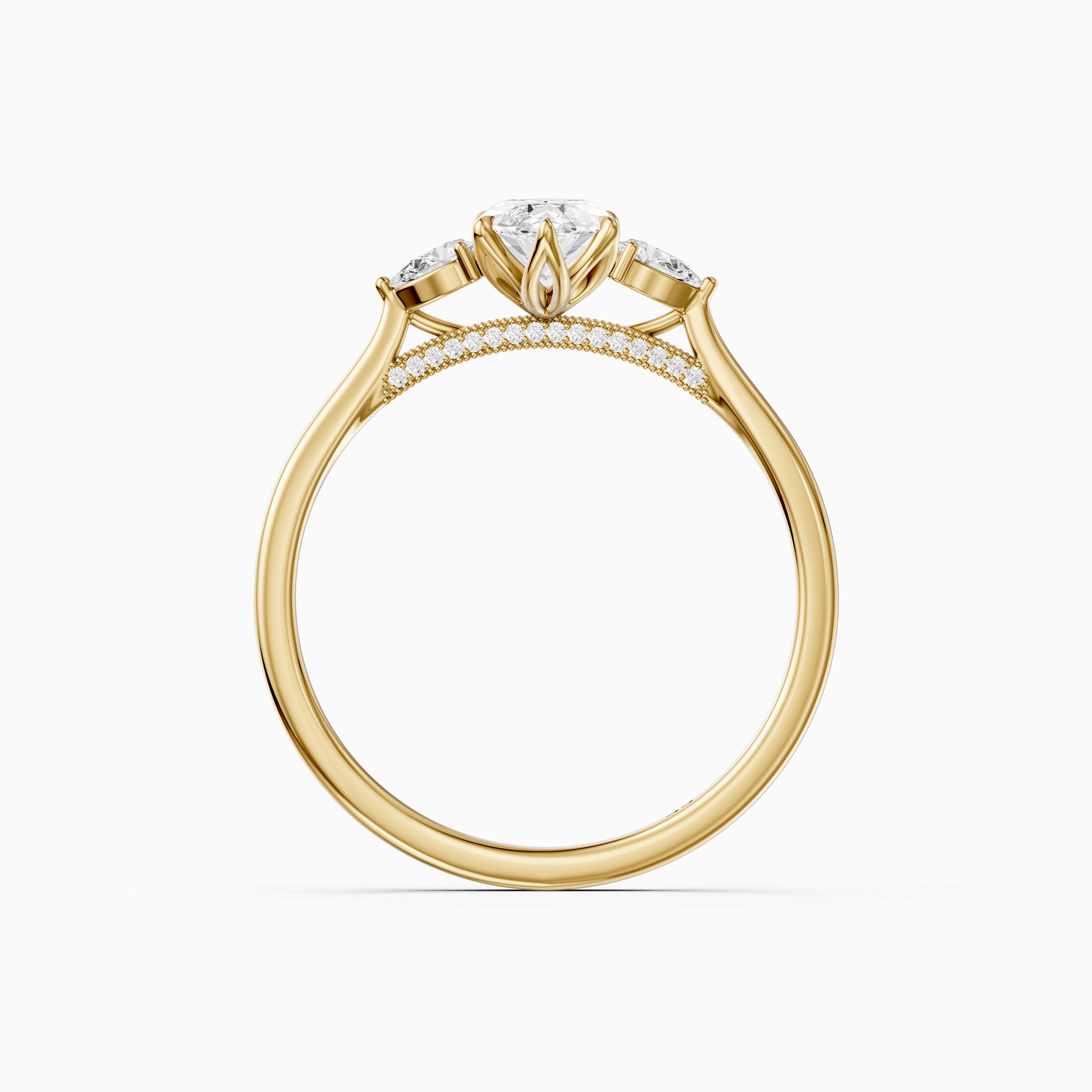 Hazel Marquise Three Stone Moissanite Ring in Tulip Cathedral Setting