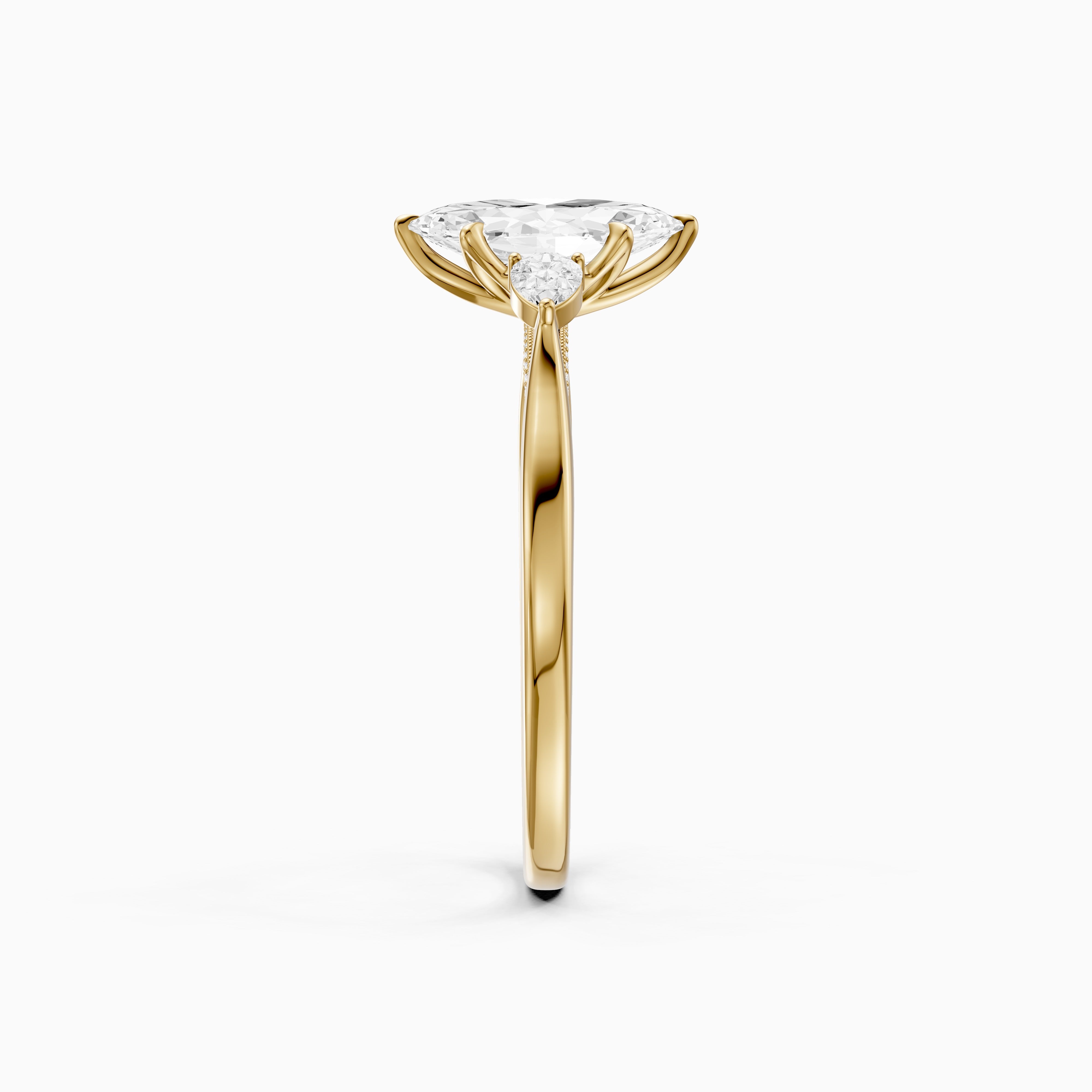 Hazel Marquise Three Stone Moissanite Ring in Tulip Cathedral Setting