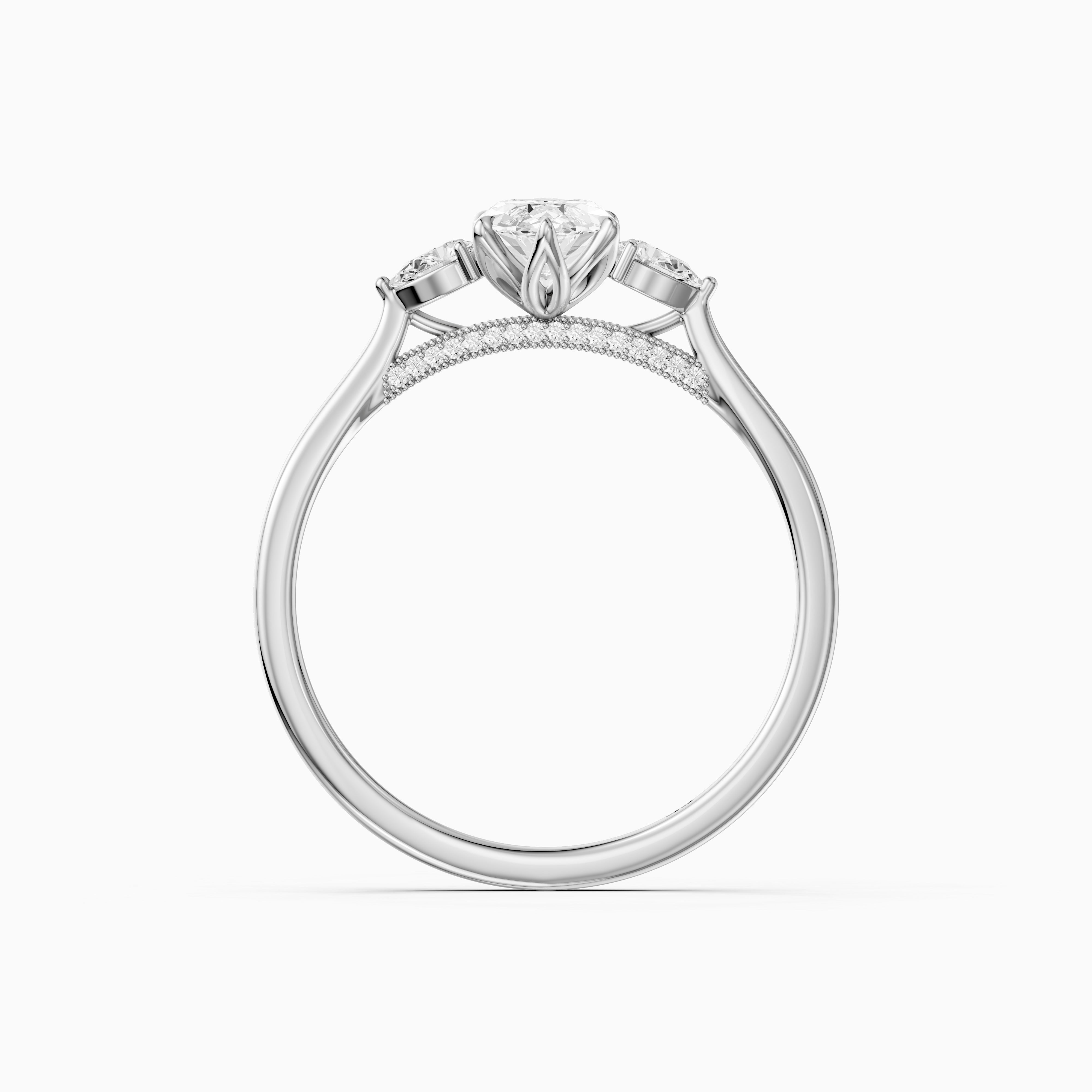 Hazel Marquise Three Stone Moissanite Ring in Tulip Cathedral Setting