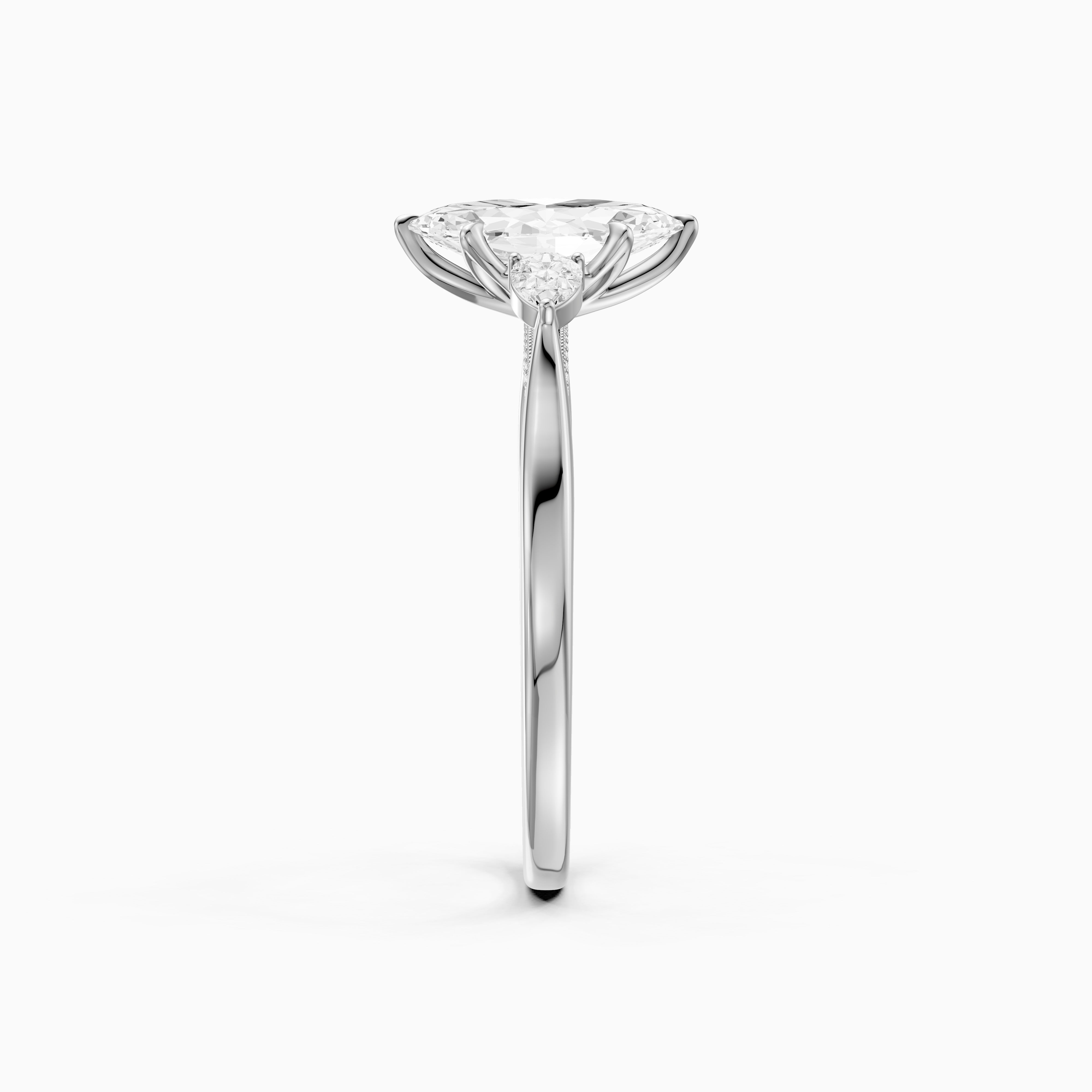 Hazel Marquise Three Stone Moissanite Ring in Tulip Cathedral Setting