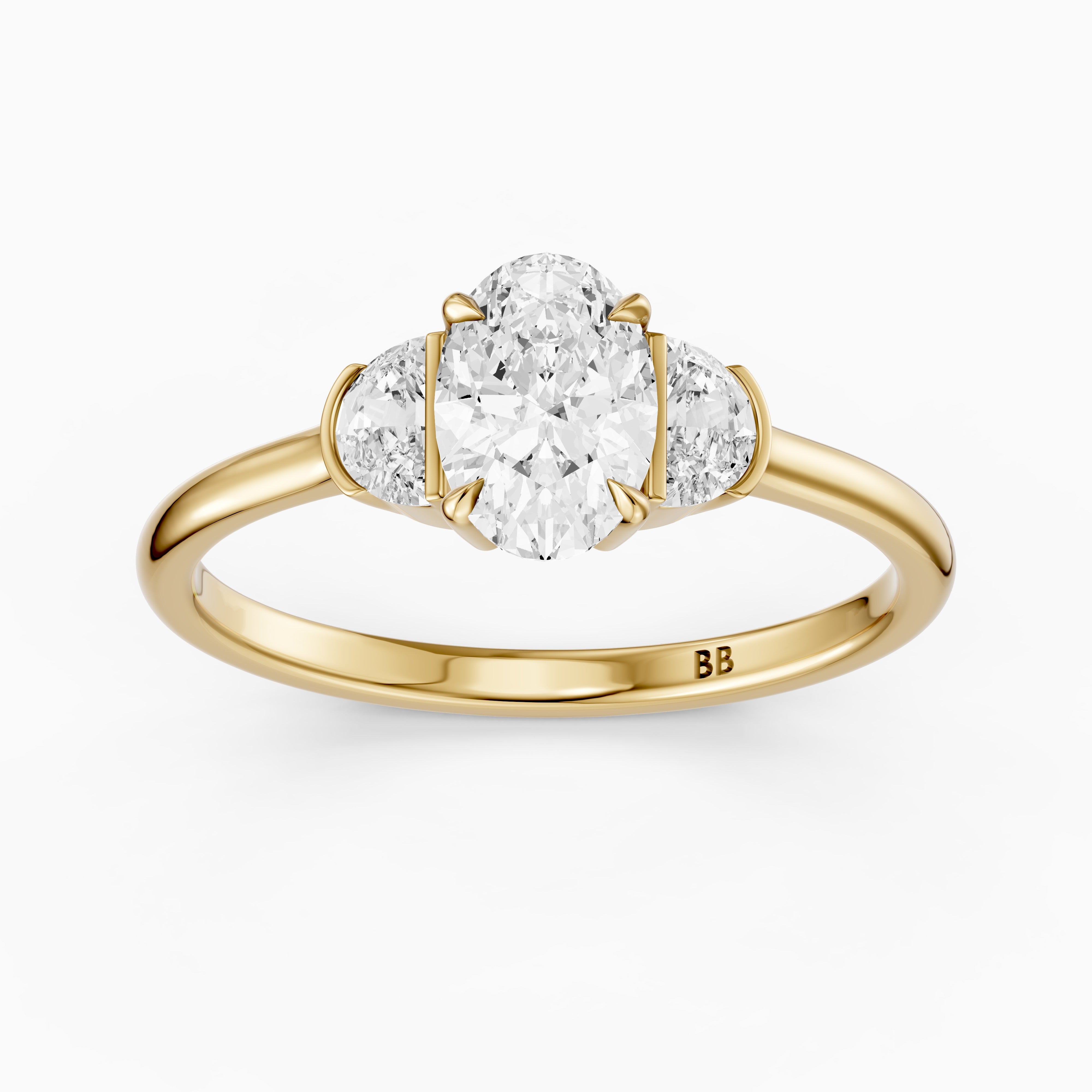 Lucia Three Stone Oval Moissanite Diamond Ring with Half Moon Side Stones