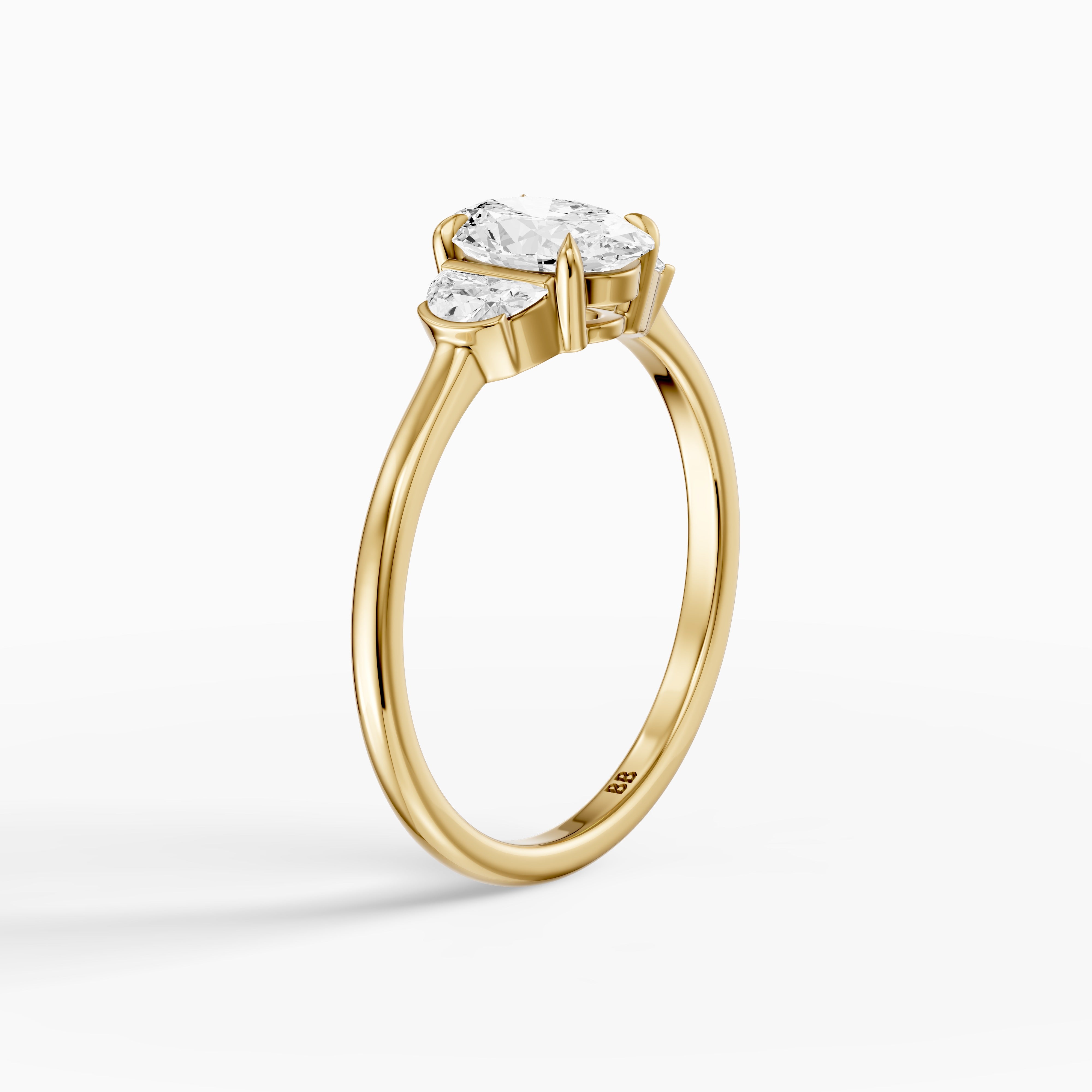 Lucia Three Stone Oval Moissanite Diamond Ring with Half Moon Side Stones