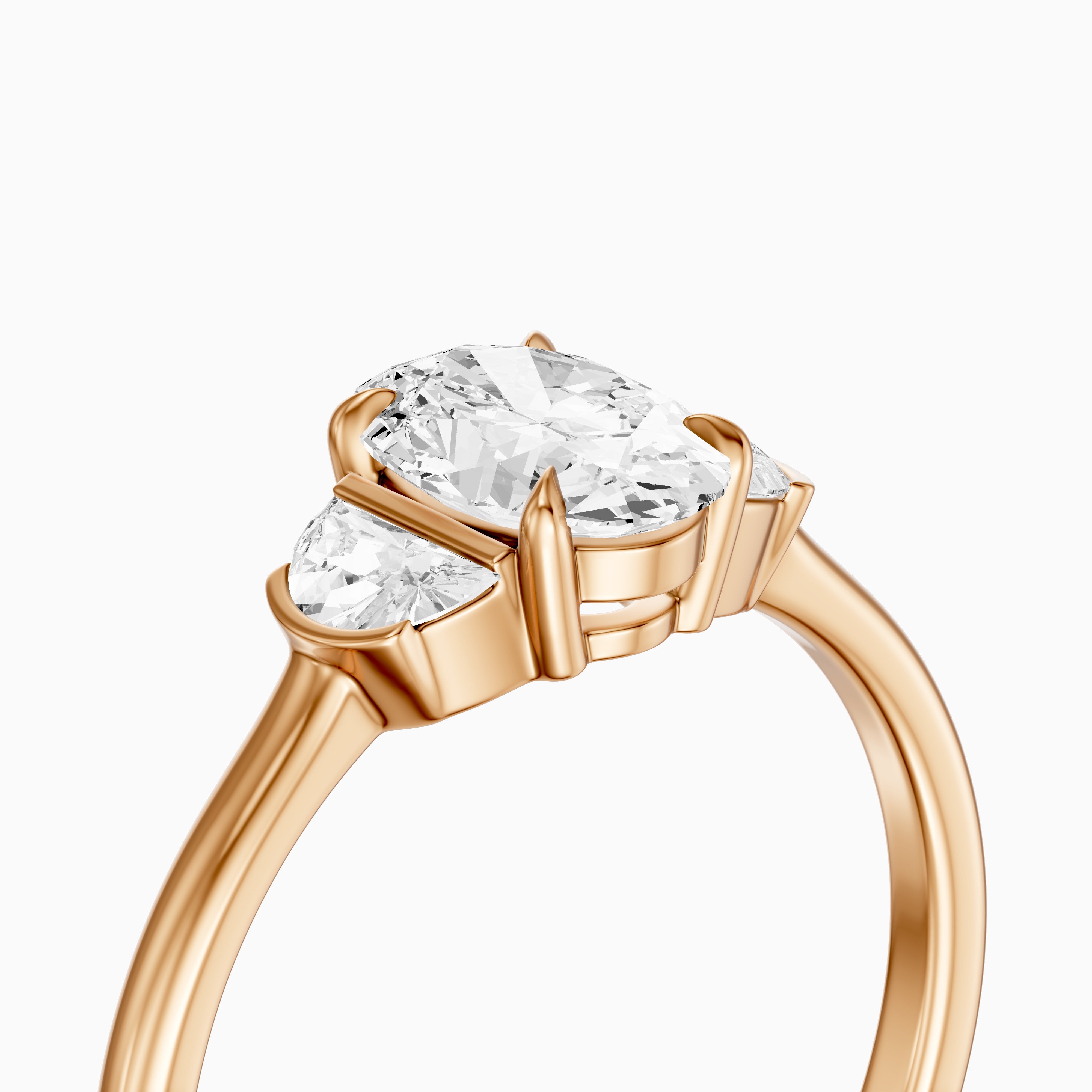 Lucia Three Stone Oval Moissanite Diamond Ring with Half Moon Side Stones