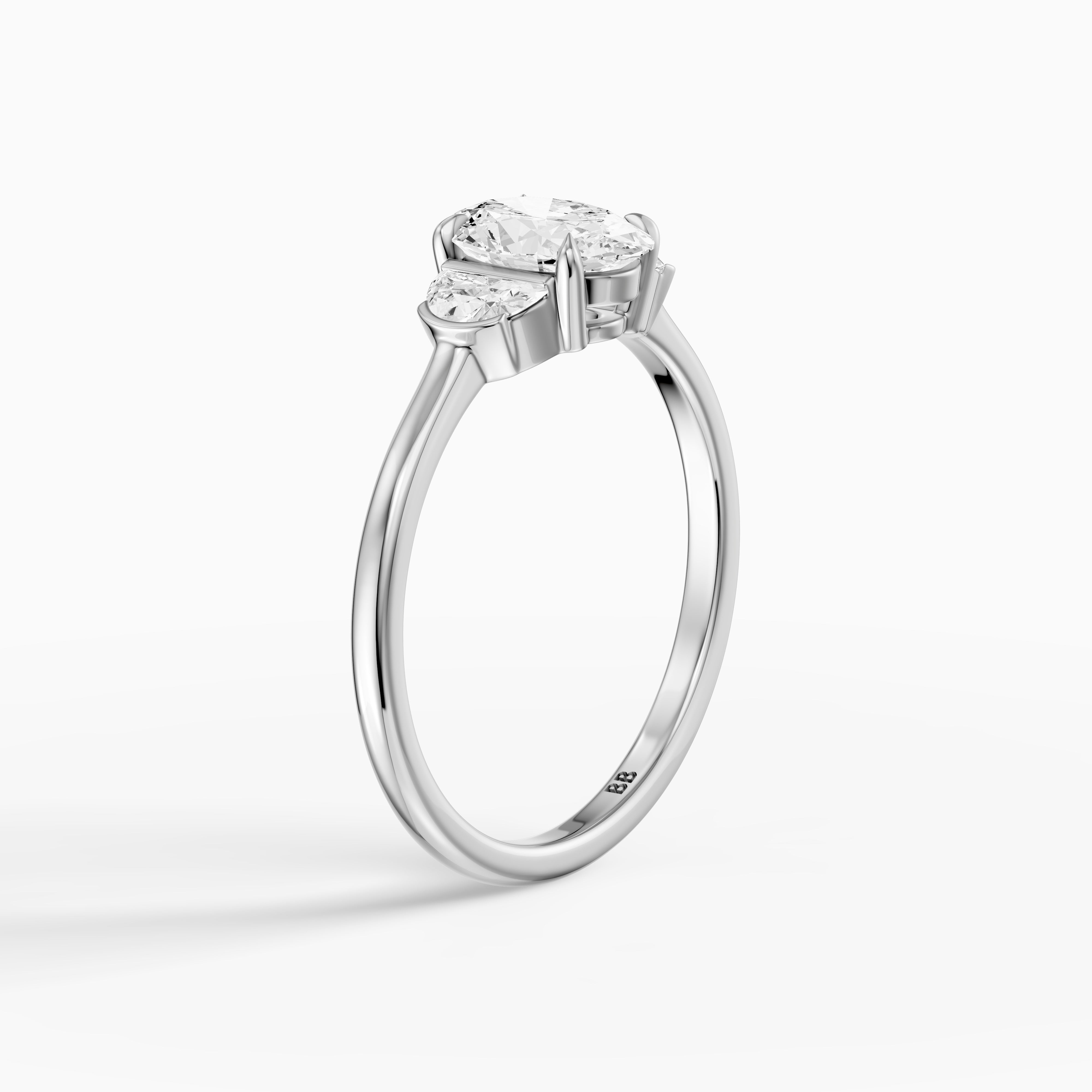 Lucia Three Stone Oval Moissanite Diamond Ring with Half Moon Side Stones