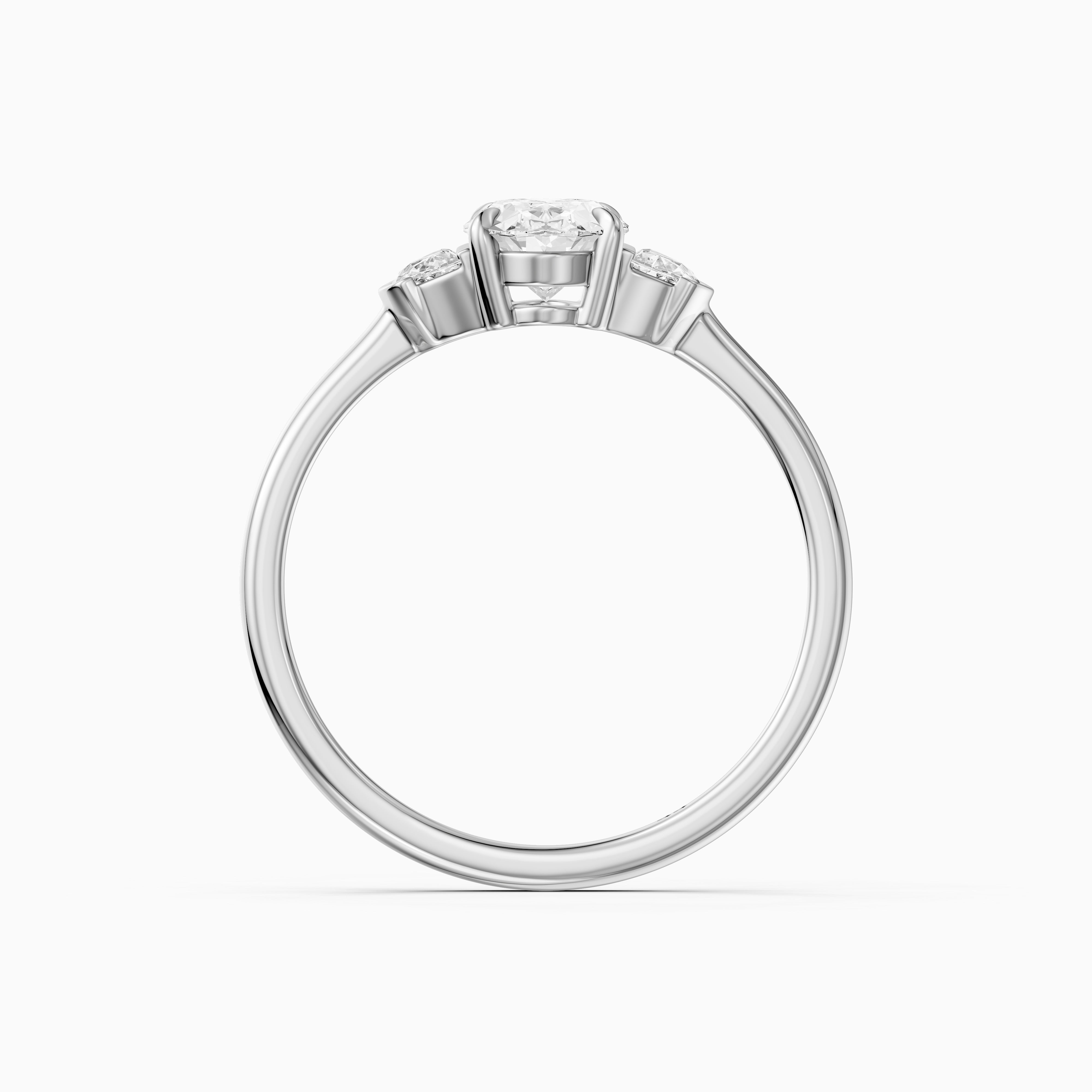 Lucia Three Stone Oval Moissanite Diamond Ring with Half Moon Side Stones