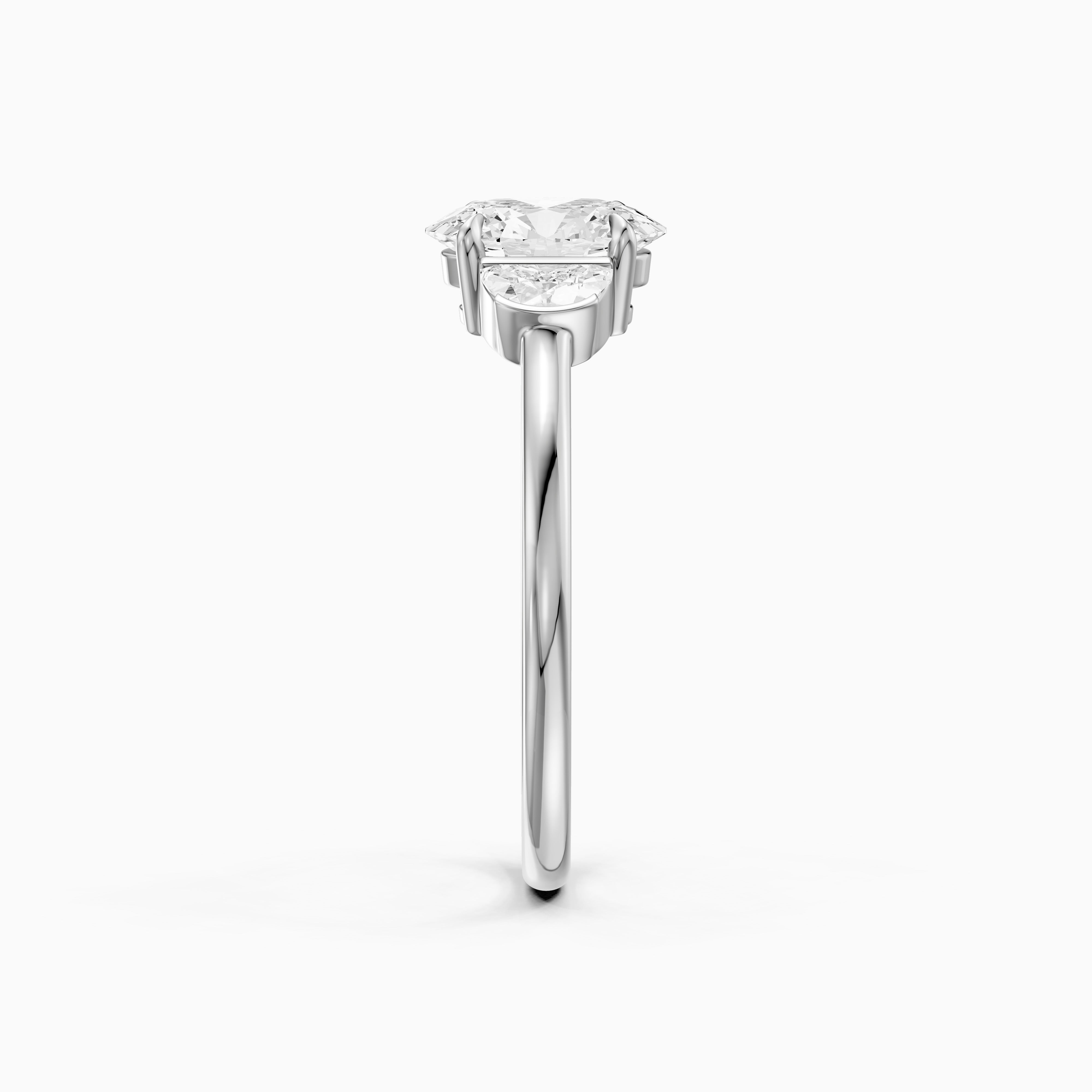 Lucia Three Stone Oval Moissanite Diamond Ring with Half Moon Side Stones