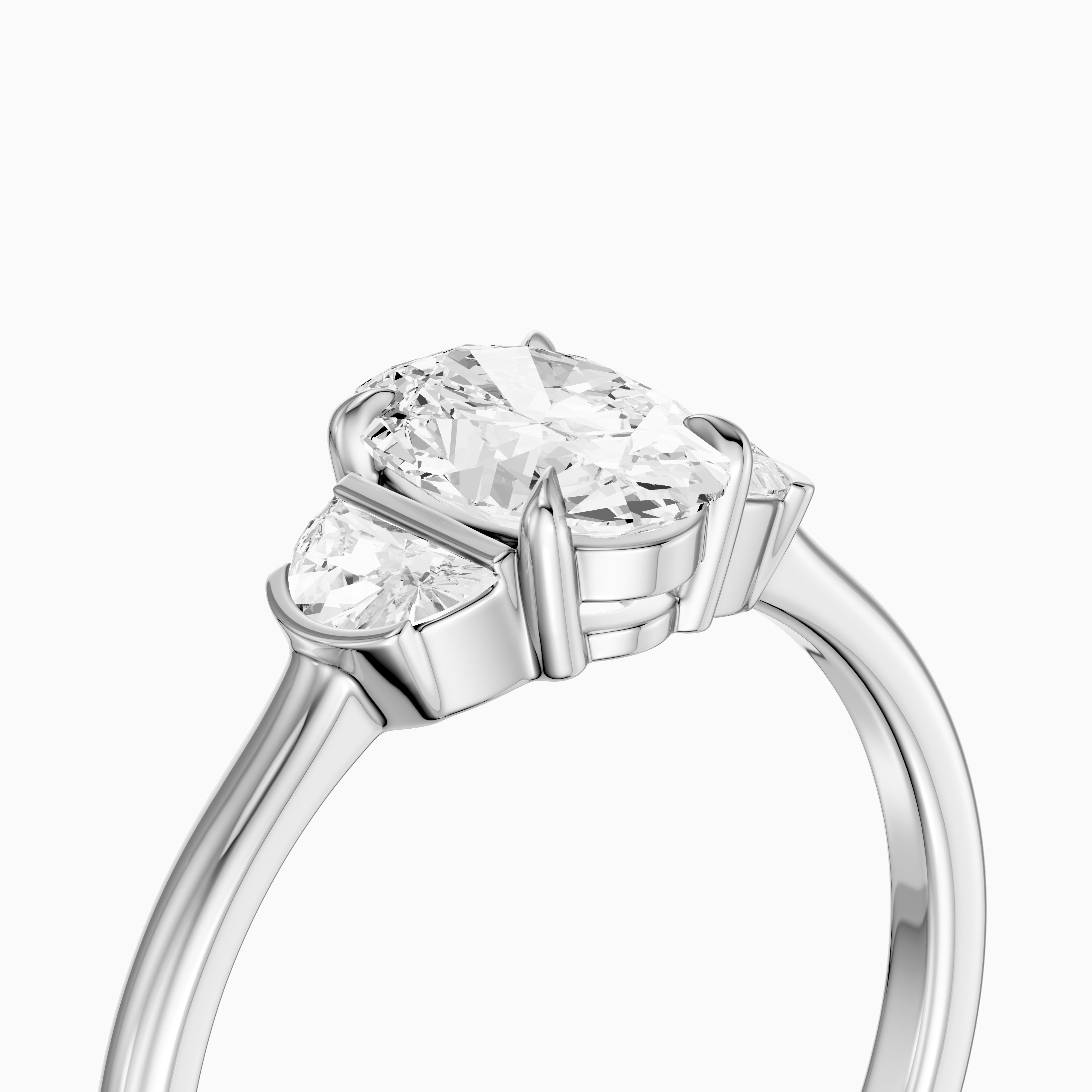 Lucia Three Stone Oval Moissanite Diamond Ring with Half Moon Side Stones