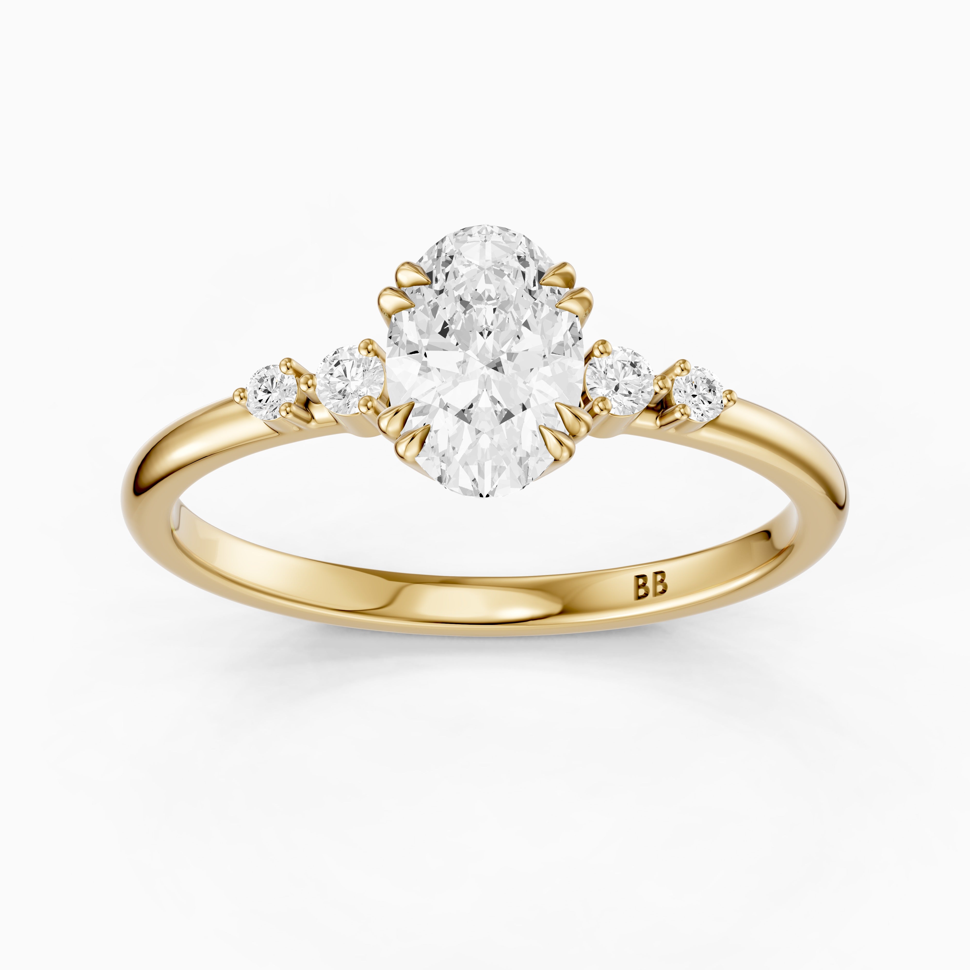 Lucille Oval Double Claw Prong Moissanite Diamond Ring with Side Stones
