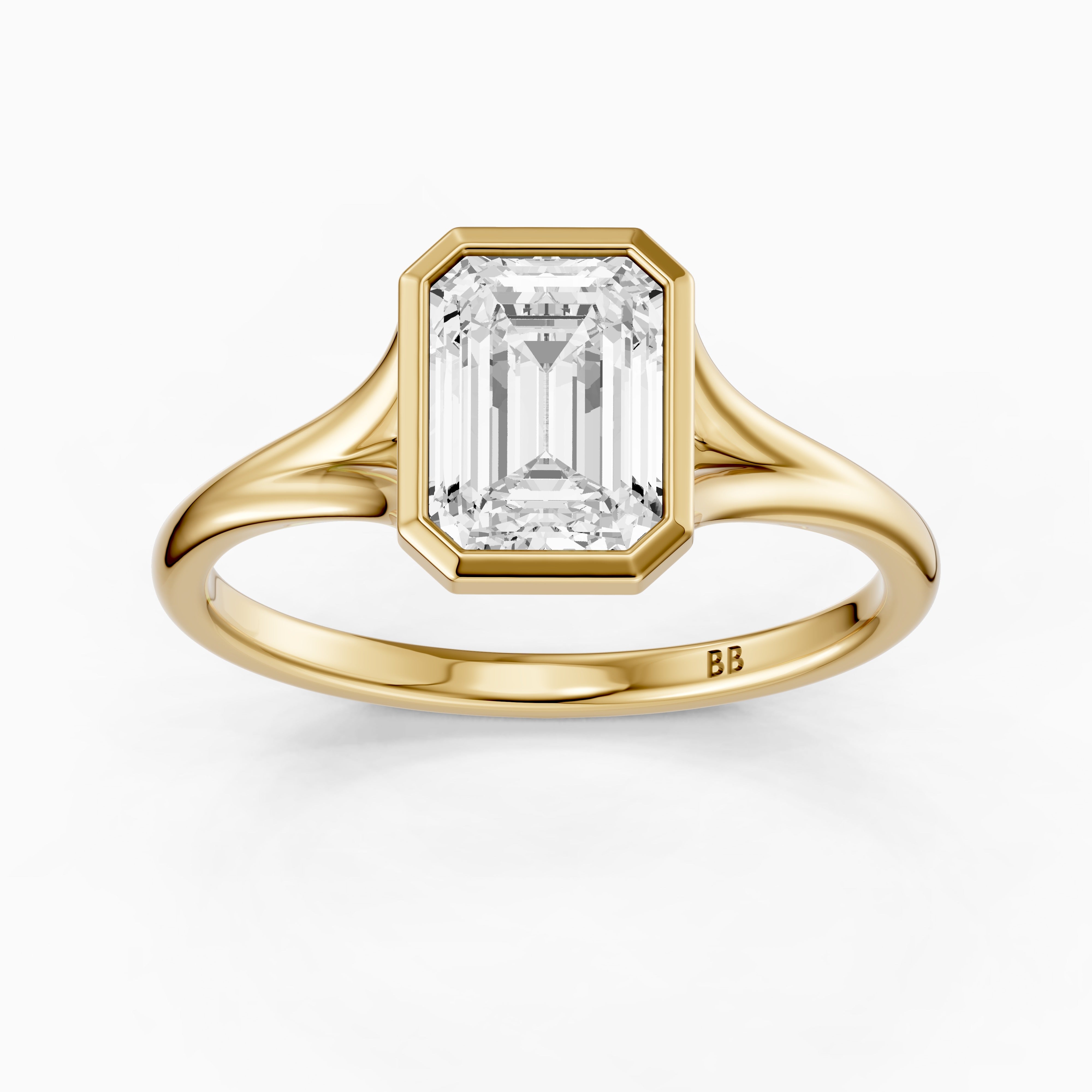 Milani Emerald Cut Moissanite Diamond Bezel Solitaire Ring with Split Band