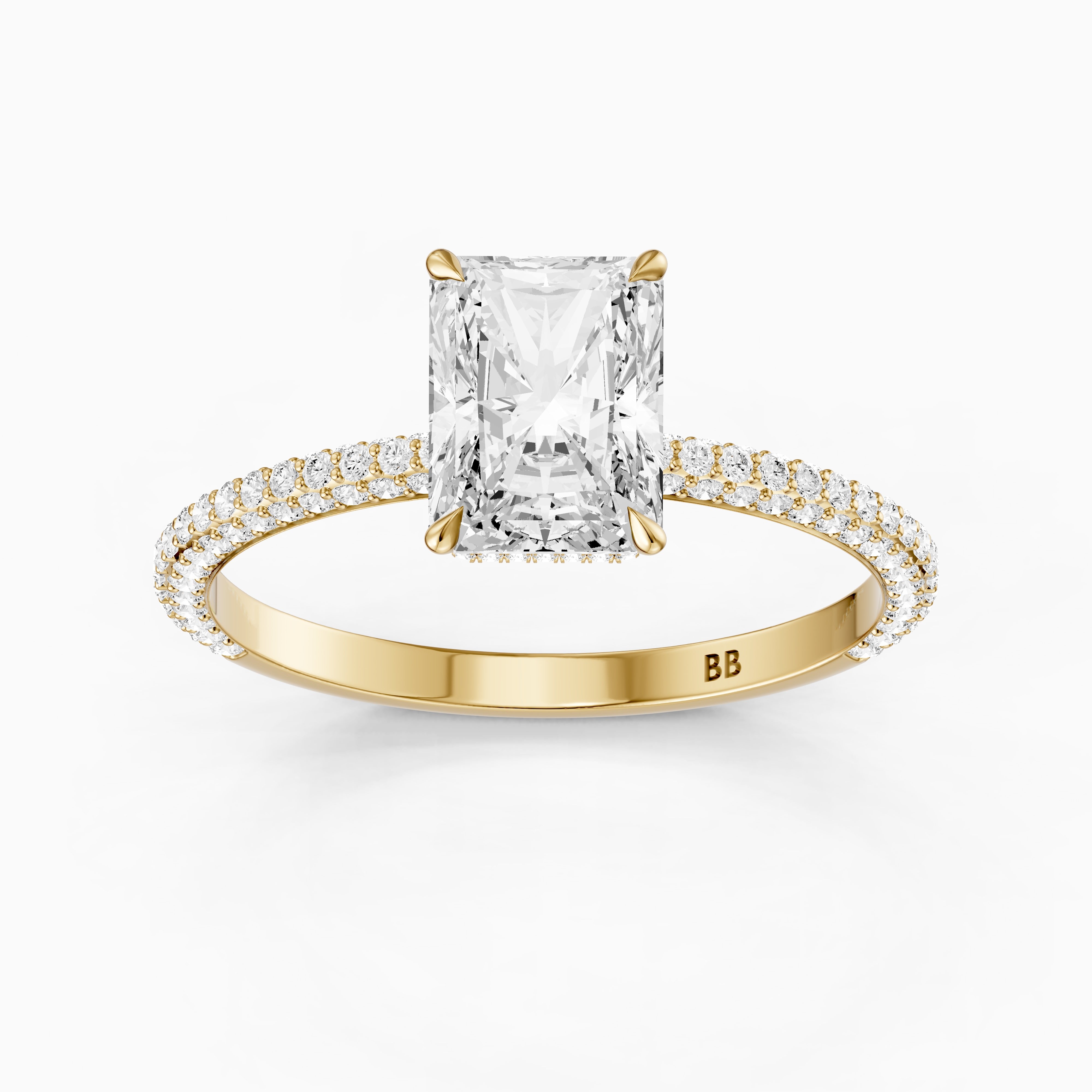 Selah Radiant Cut Hidden Halo Moissanite Diamond Ring with Pave Band