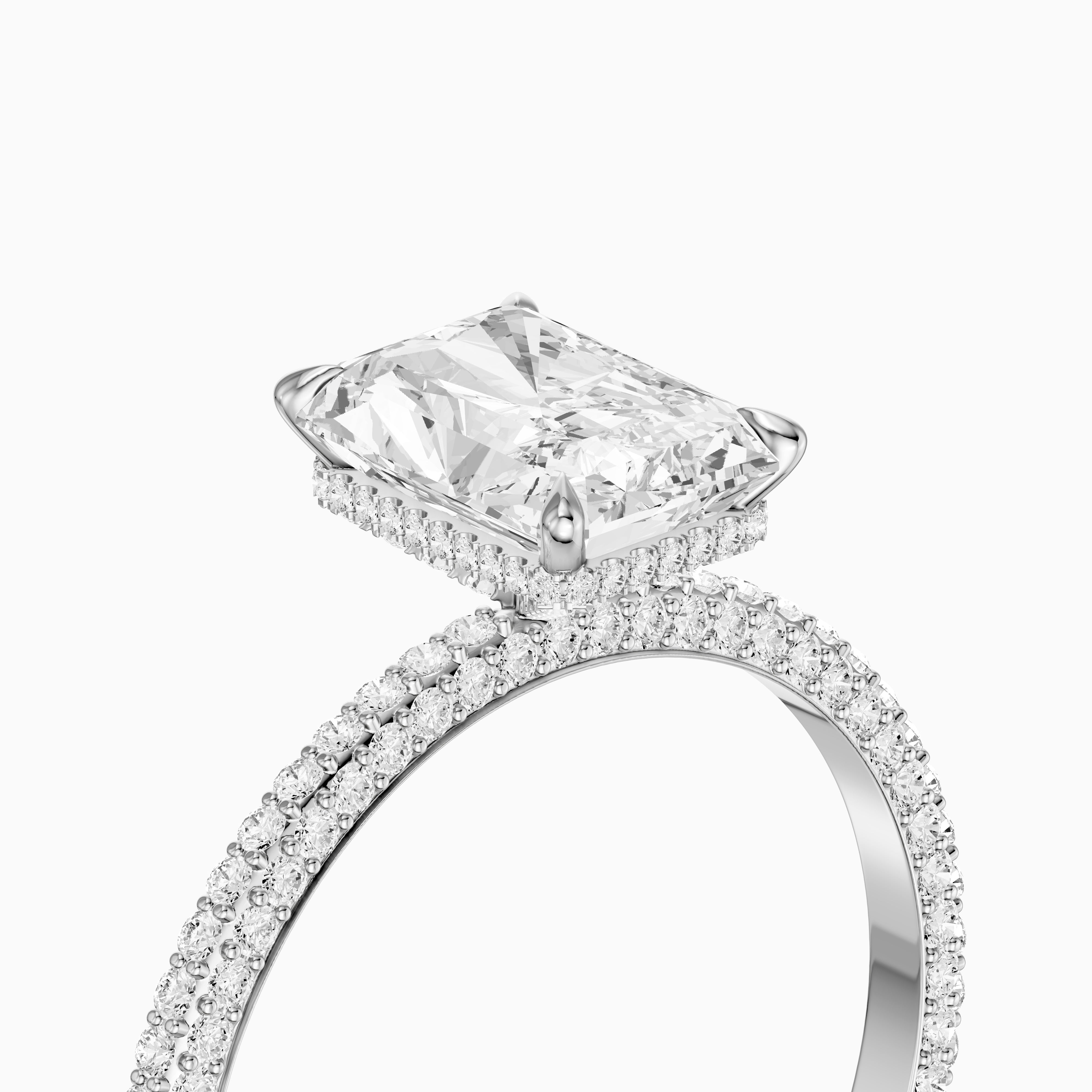 Selah Radiant Cut Hidden Halo Moissanite Diamond Ring with Pave Band
