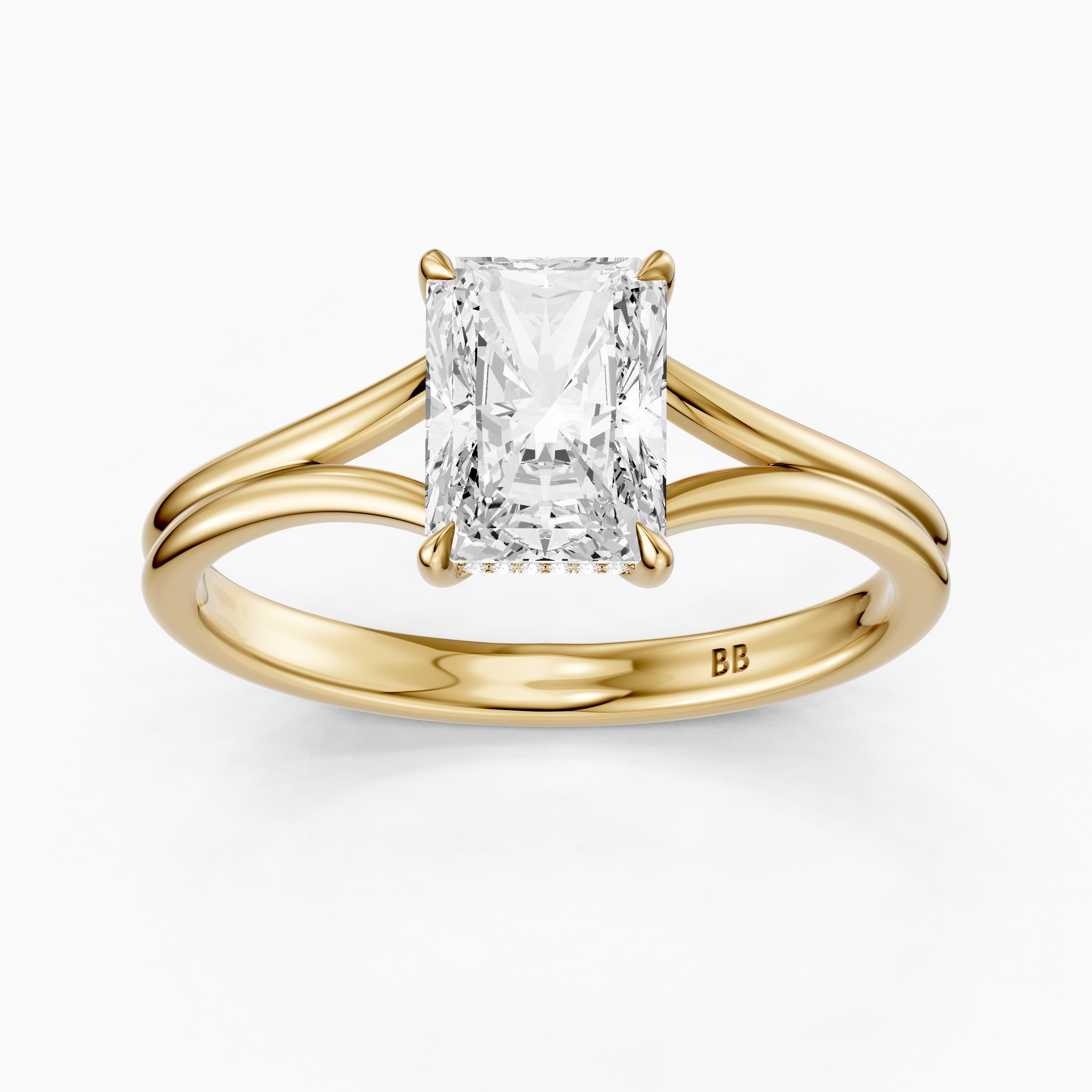 Angela Radiant Moissanite Diamond Split Shank Ring with Hidden Halo