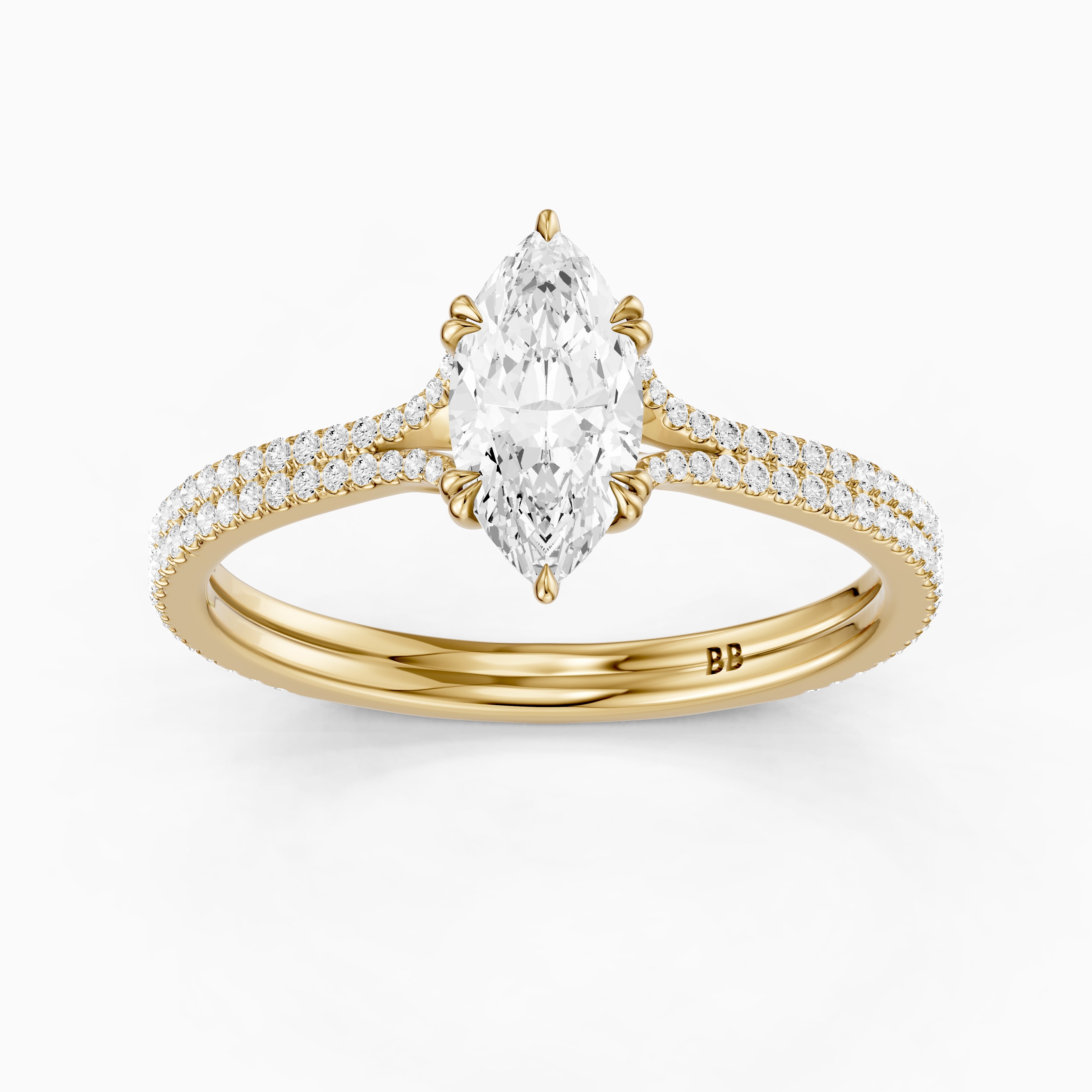 Evie Marquise Moissanite Diamond Ring with Double Claw Prong and Pave Band