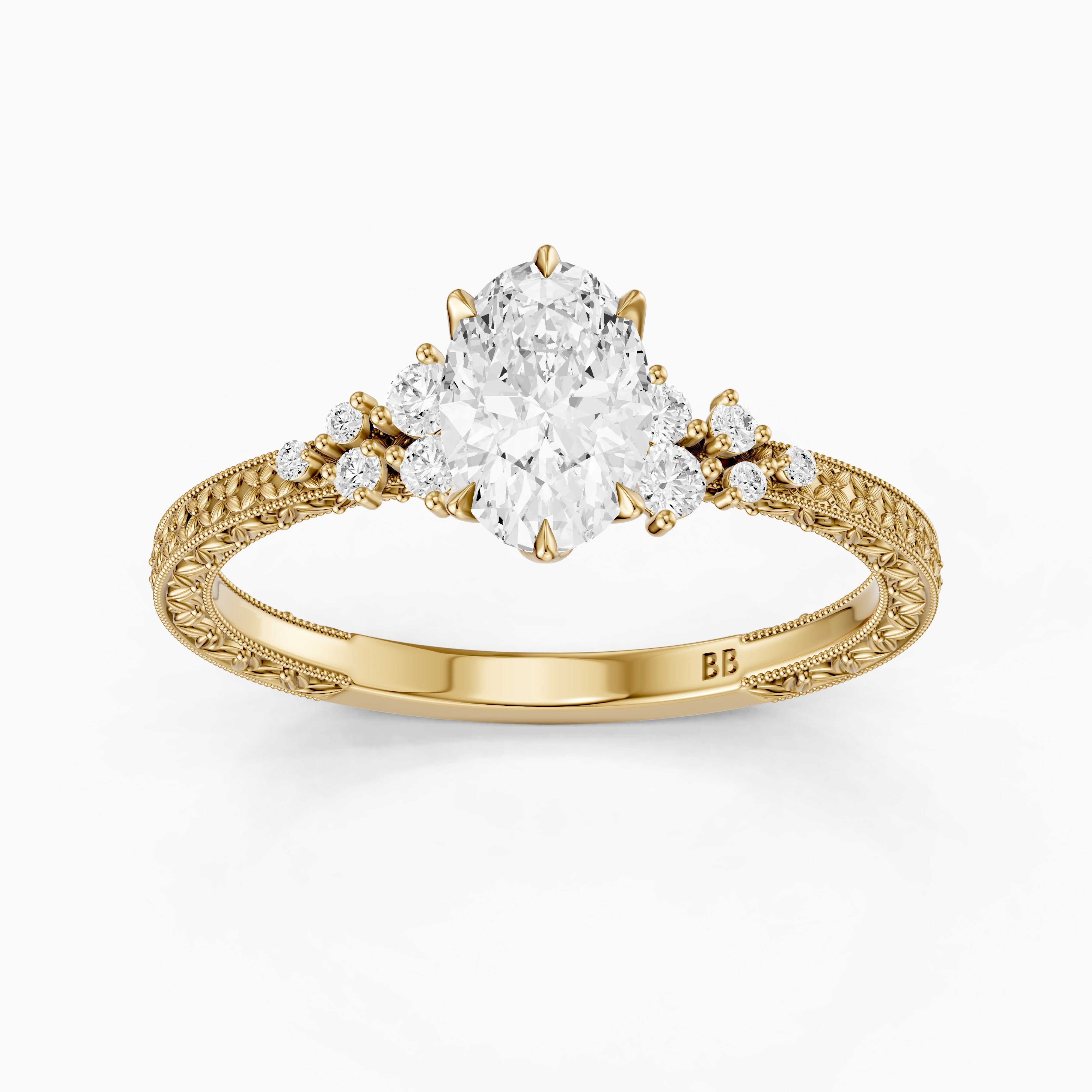 Marley Oval Moissanite Diamond Vintage Ring with Milgrain Band