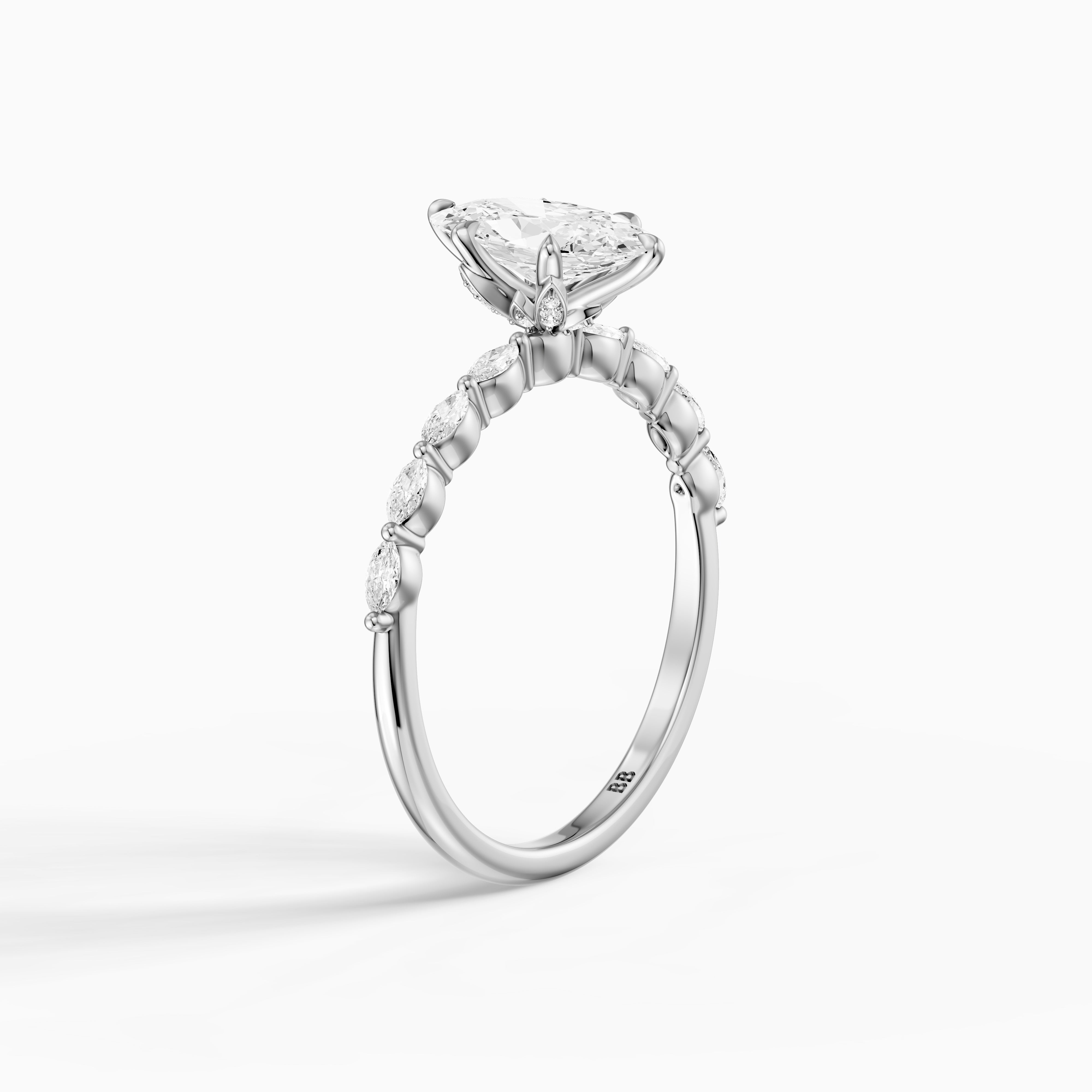Octavia Moval Hidden Halo Moissanite Diamond Ring With Side Stone