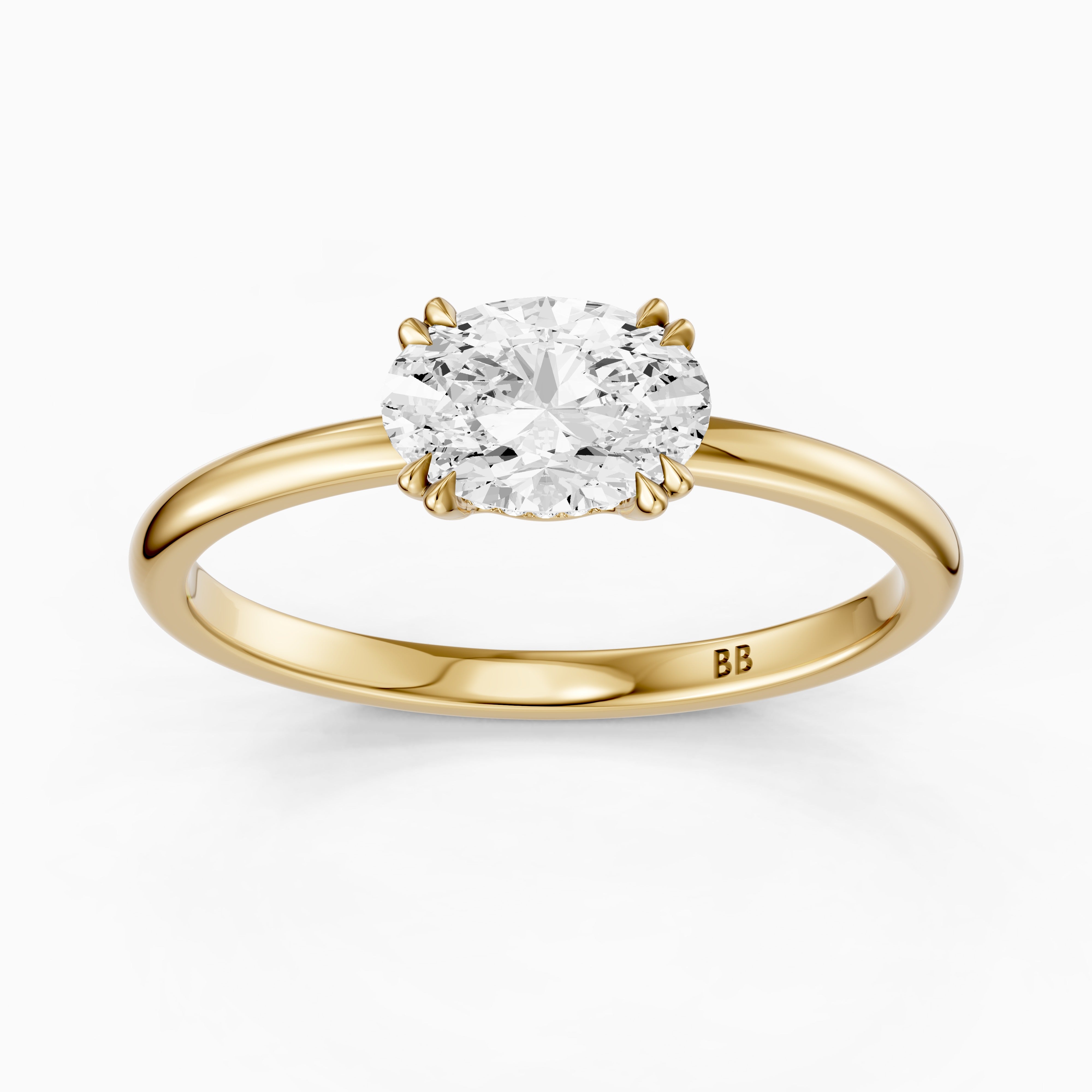 Ariel East West Oval Moissanite Diamond Ring with Hidden Halo and Double Claw Prong