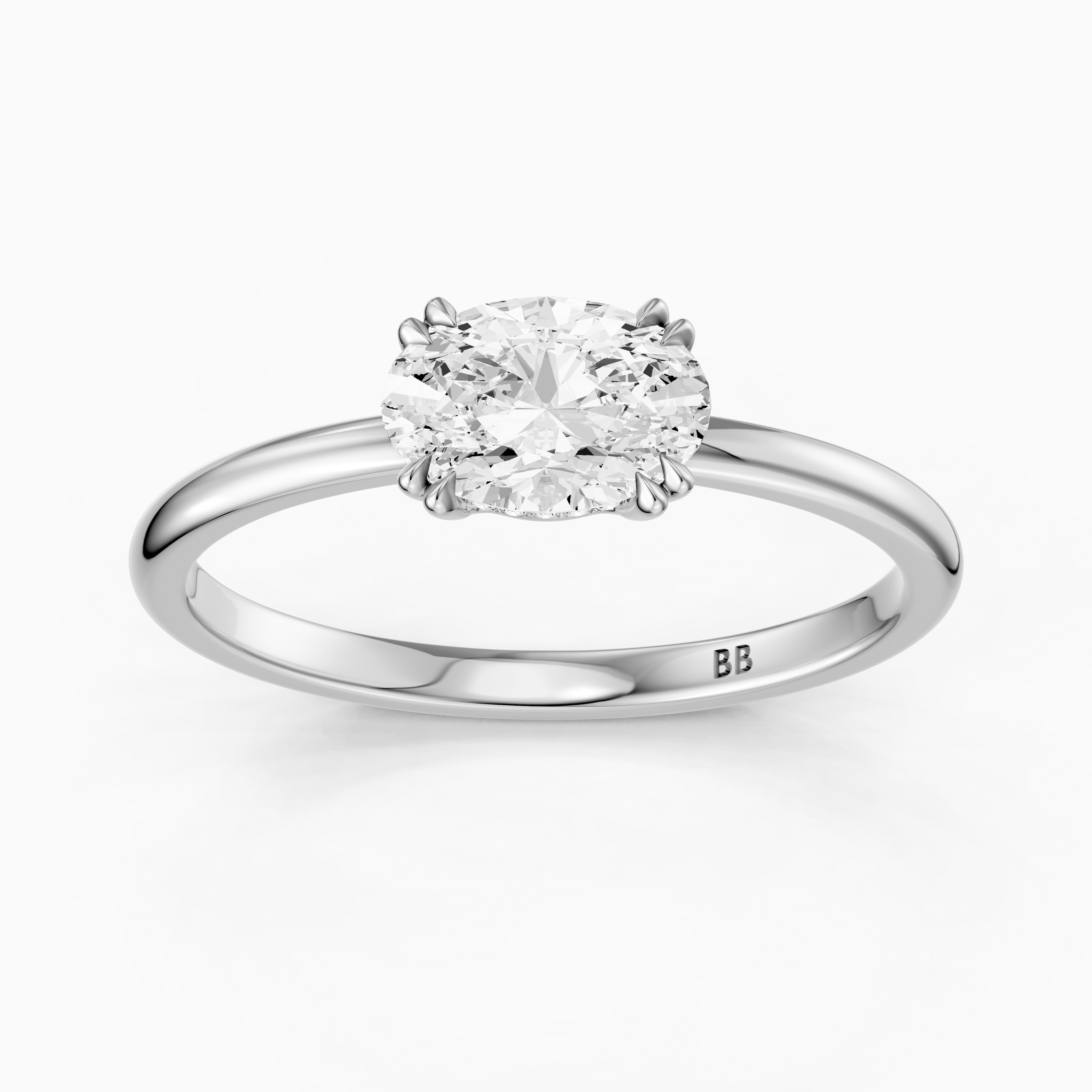 Ariel East West Oval Moissanite Diamond Ring with Hidden Halo and Double Claw Prong