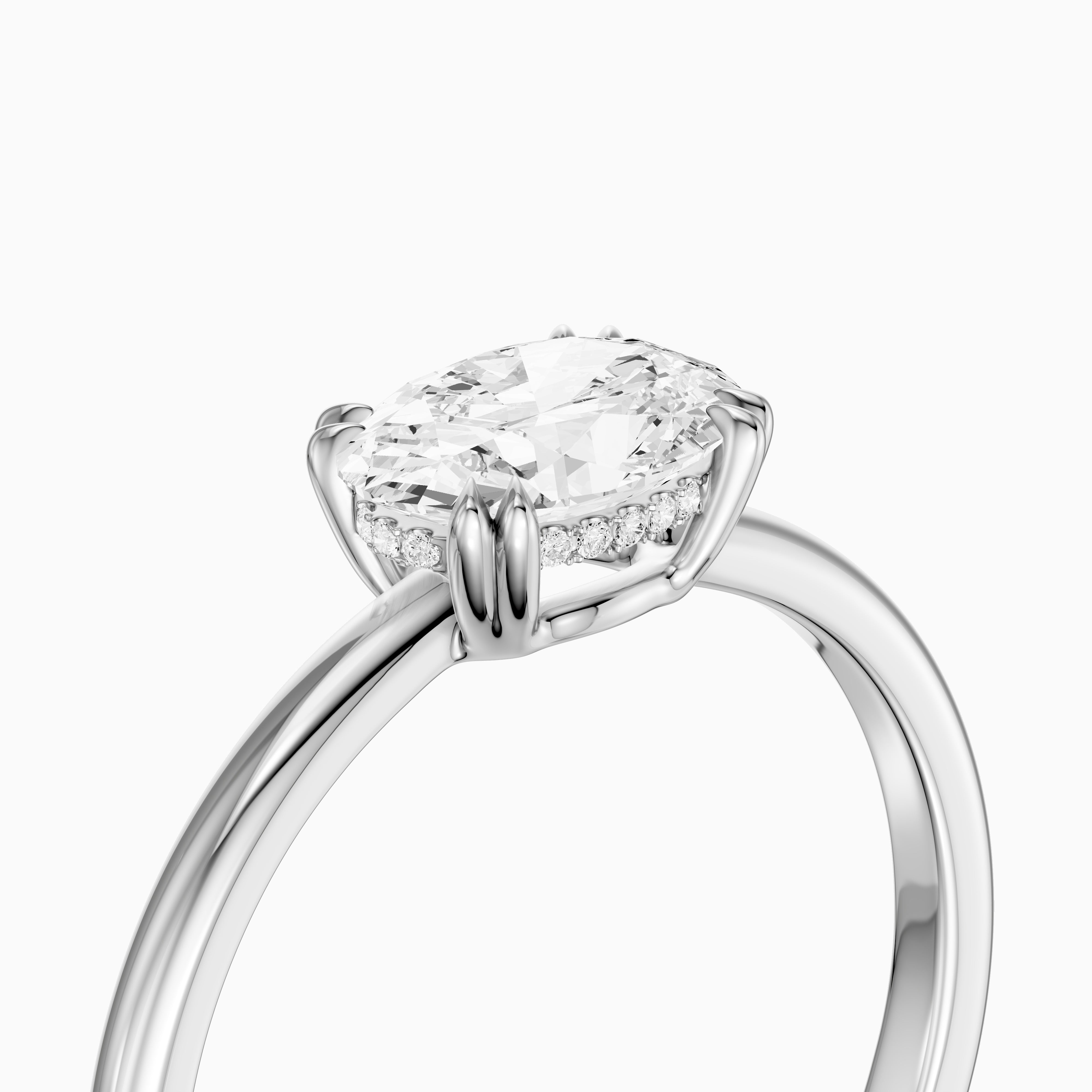 Ariel East West Oval Moissanite Diamond Ring with Hidden Halo and Double Claw Prong