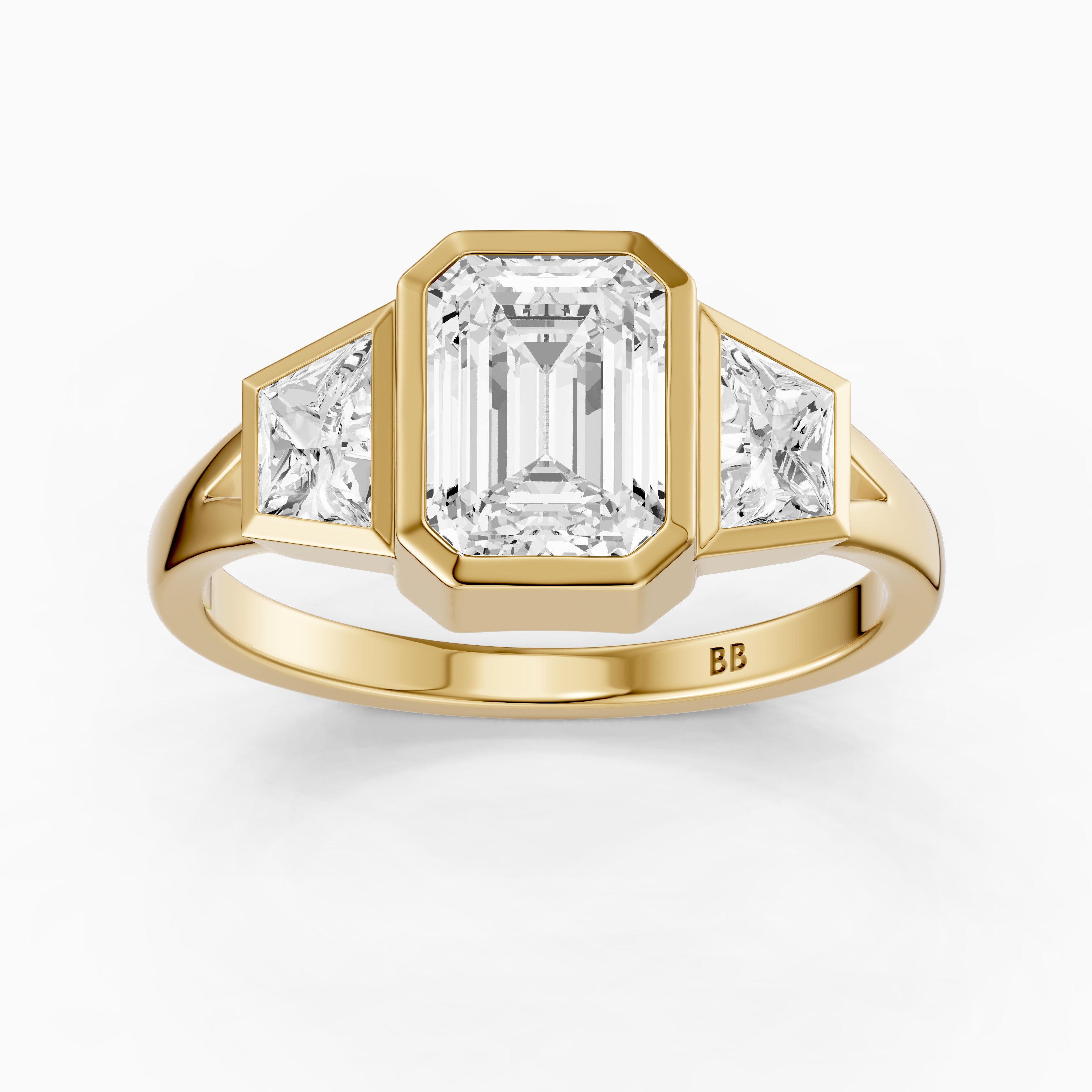 Stevie Emerald Cut Moissanite Diamond Bezel Ring with Trapezoid Side Stones