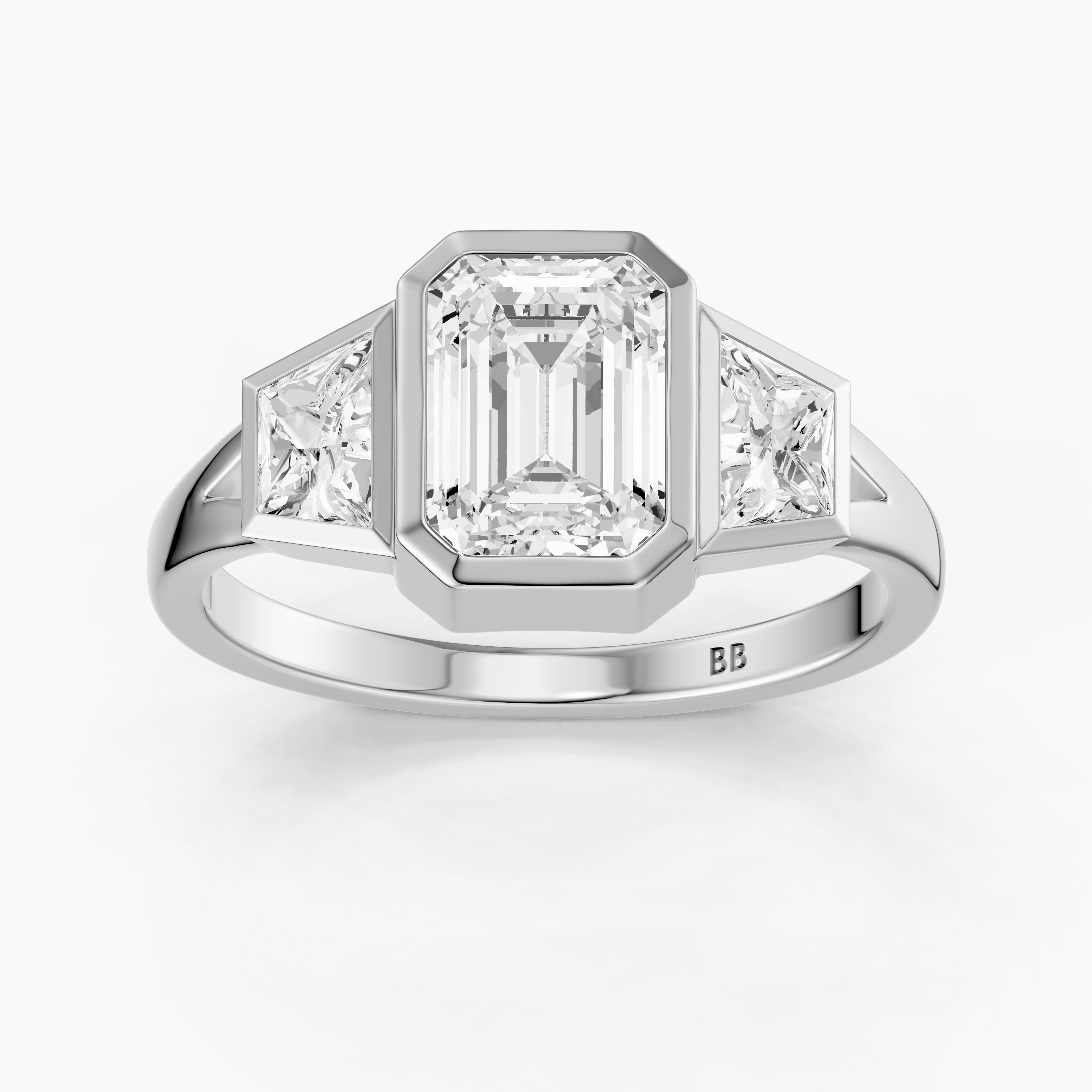 Stevie Emerald Cut Lab Grown Diamond Bezel Ring with Trapezoid Side Stones