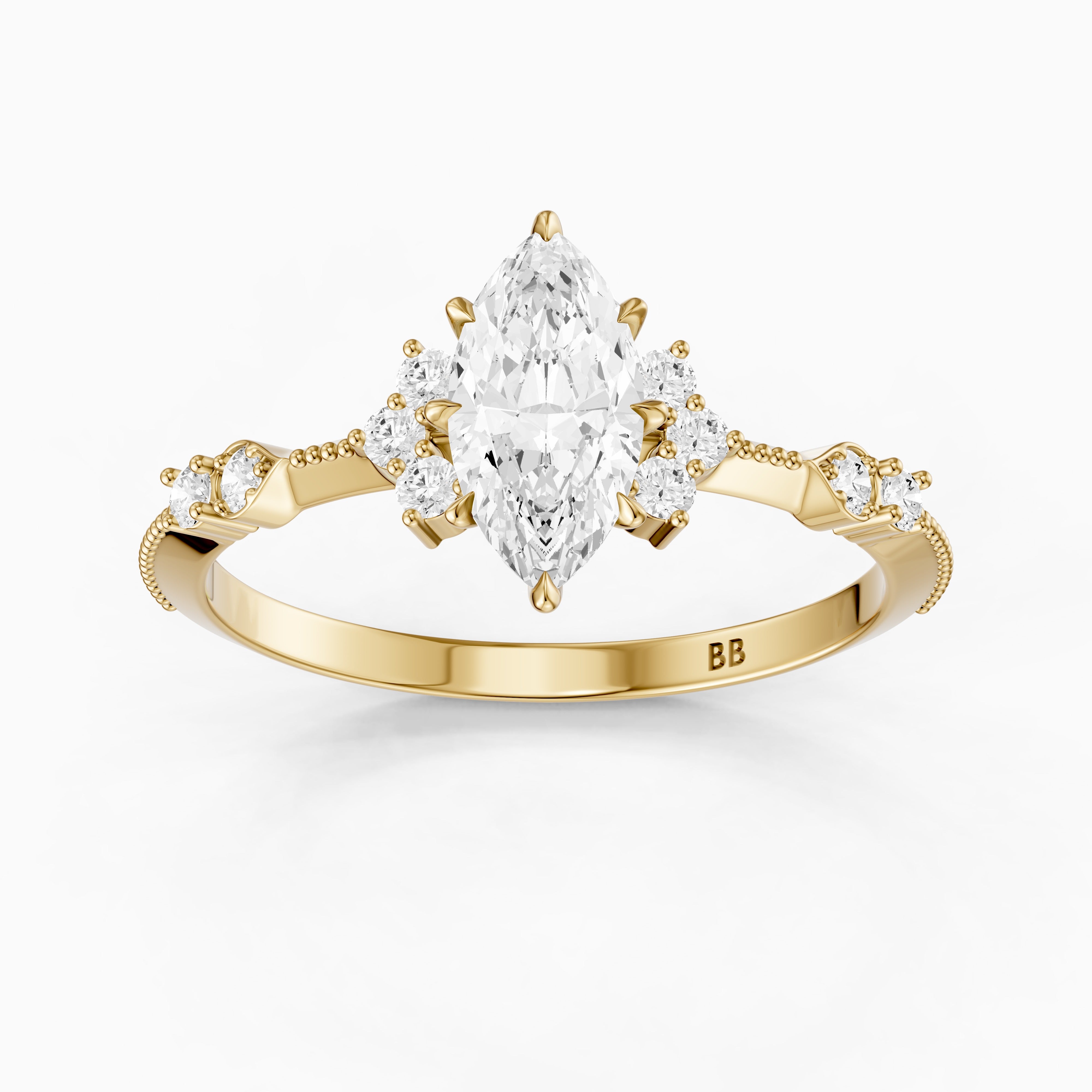 Wren Marquise Lab Grown Diamond Ring with Cluster Side Stones and Vintage Band