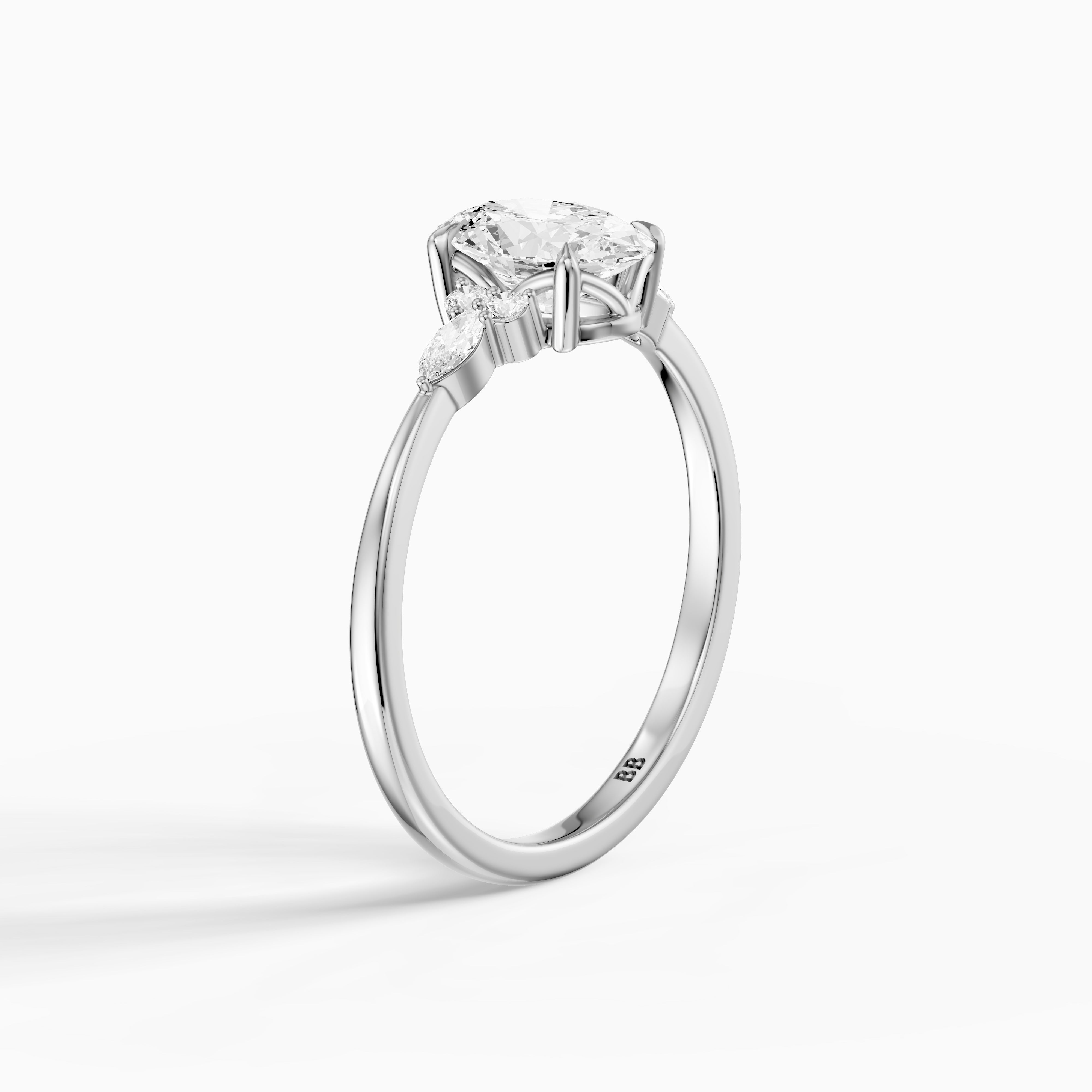 Melanie Oval Cut Moissanite Diamond Ring with Marquise and Round Side Stones