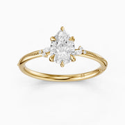 Cecilia Pear Cut Side Stone Lab Grown Diamond Ring with Milgrain Band