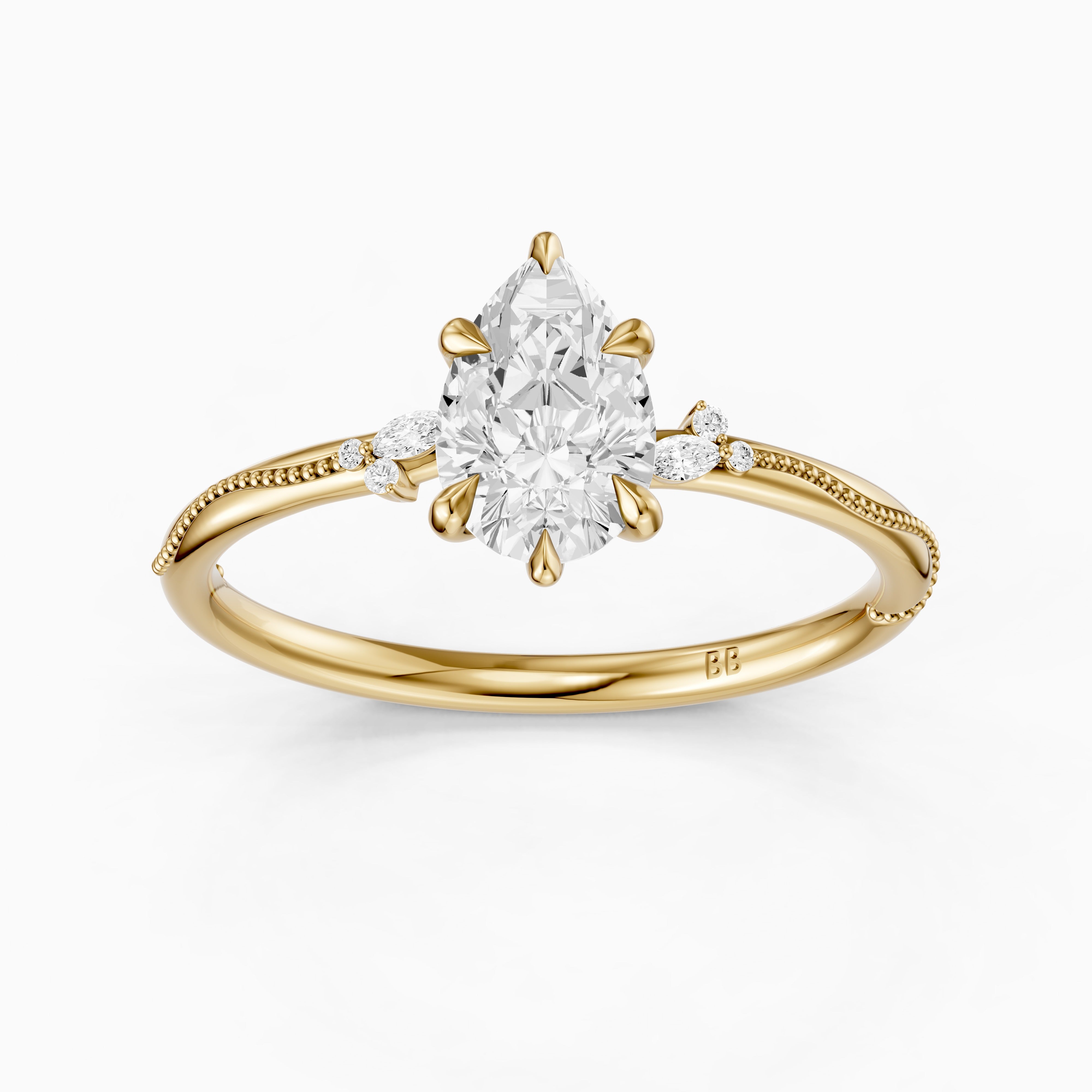 Cecilia Pear Cut Side Stone Moissanite Diamond Ring with Milgrain Band