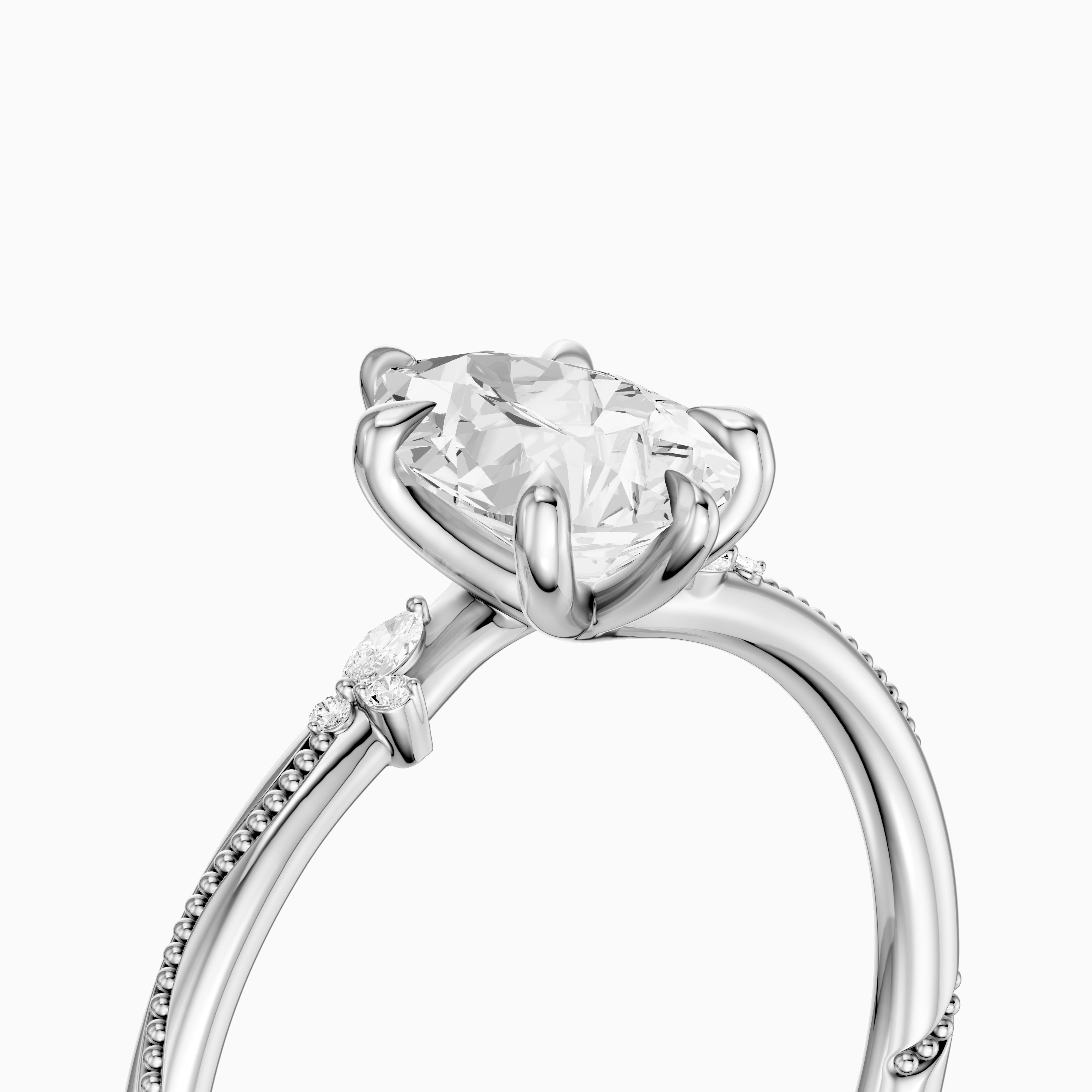 Cecilia Pear Cut Side Stone Moissanite Diamond Ring with Milgrain Band