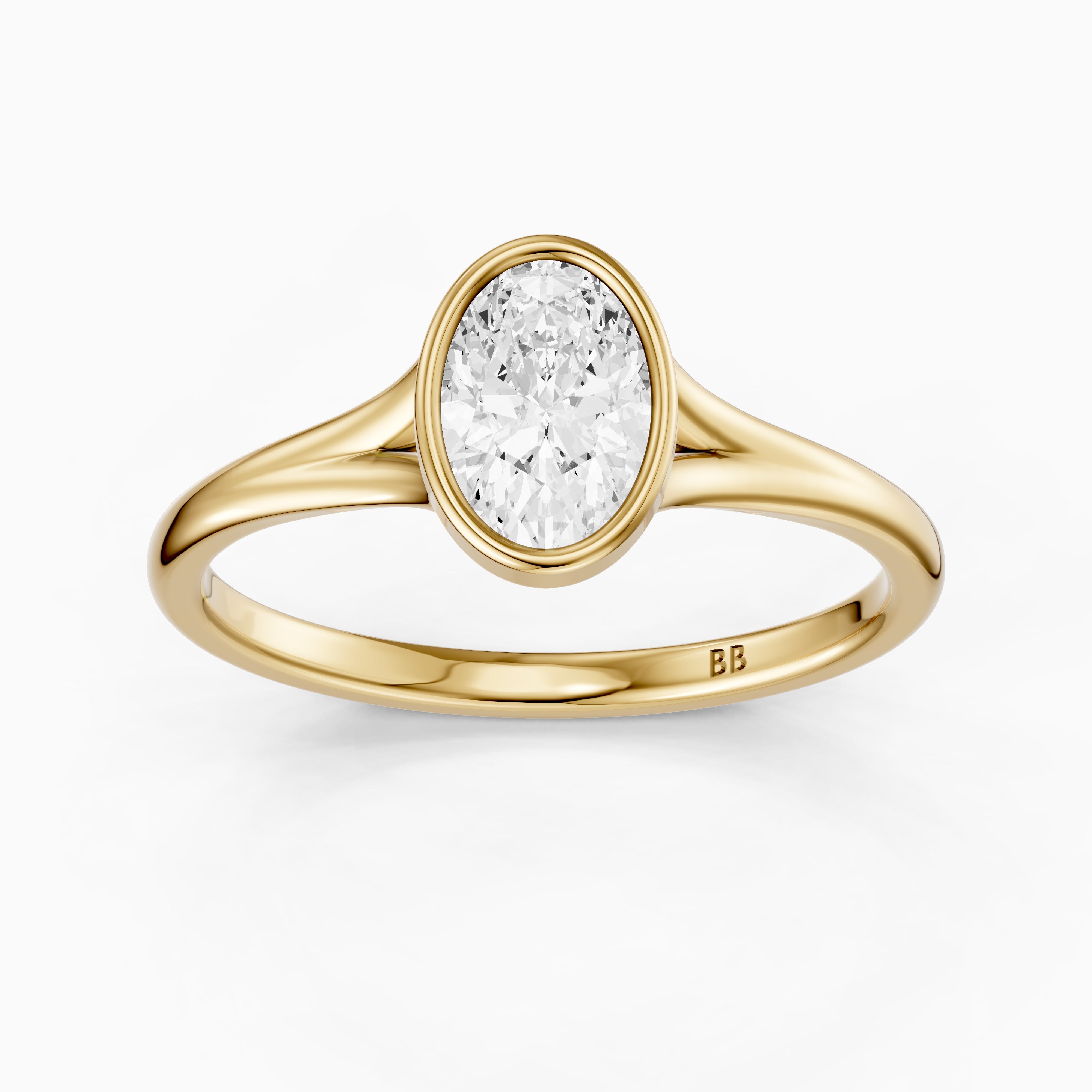 Ember Oval Cut Lab Grown Diamond Ring in Bezel Set Split Shank Style